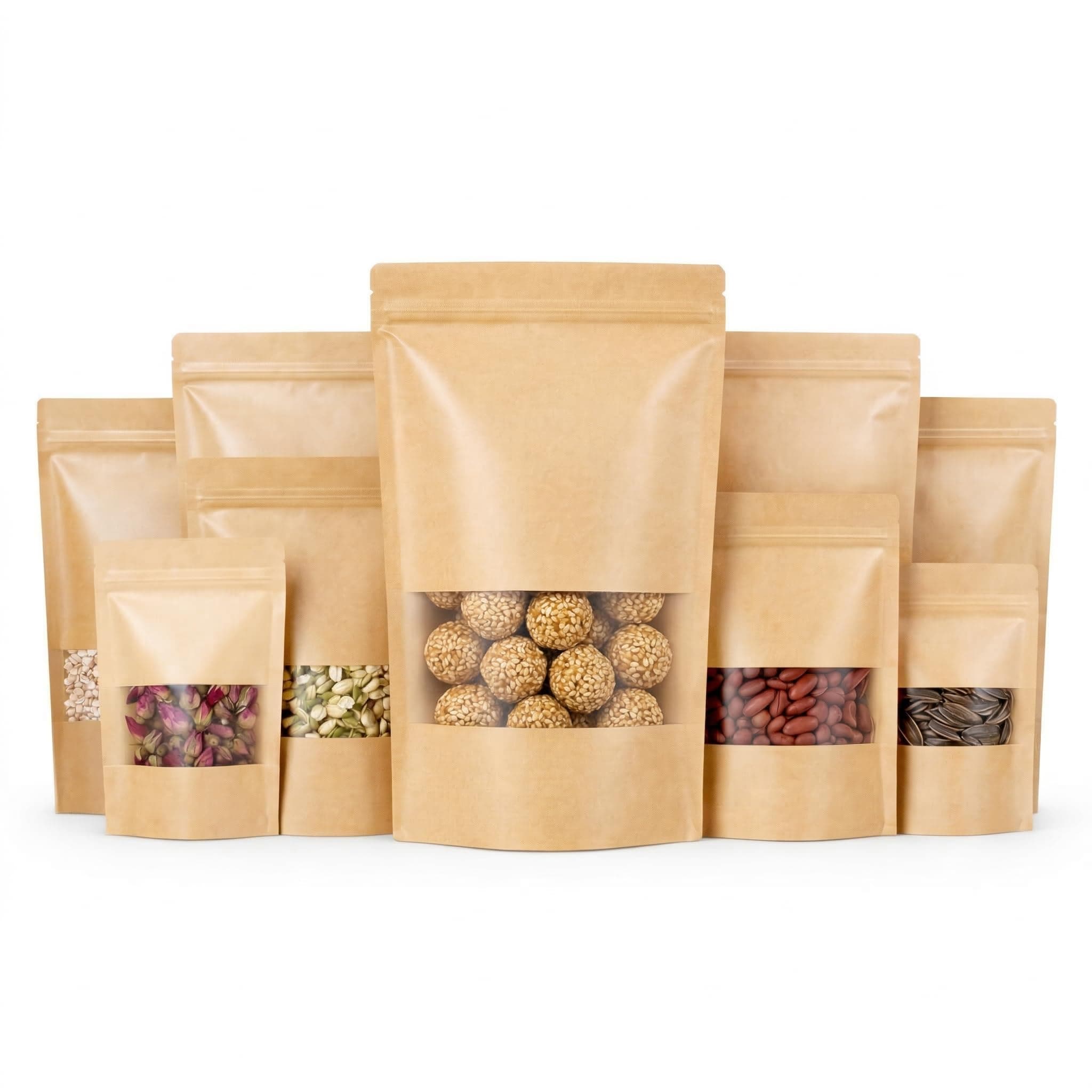 SKY FLEXI PACK Brown Kraft Paper Zip lock Stand Up Pouches | 15x22 cm | 500gm | Pack of 25 | Food Grade Storage Bags with Transparent Window | Airtight Reusable for Dry Fruits, Snacks, Spices