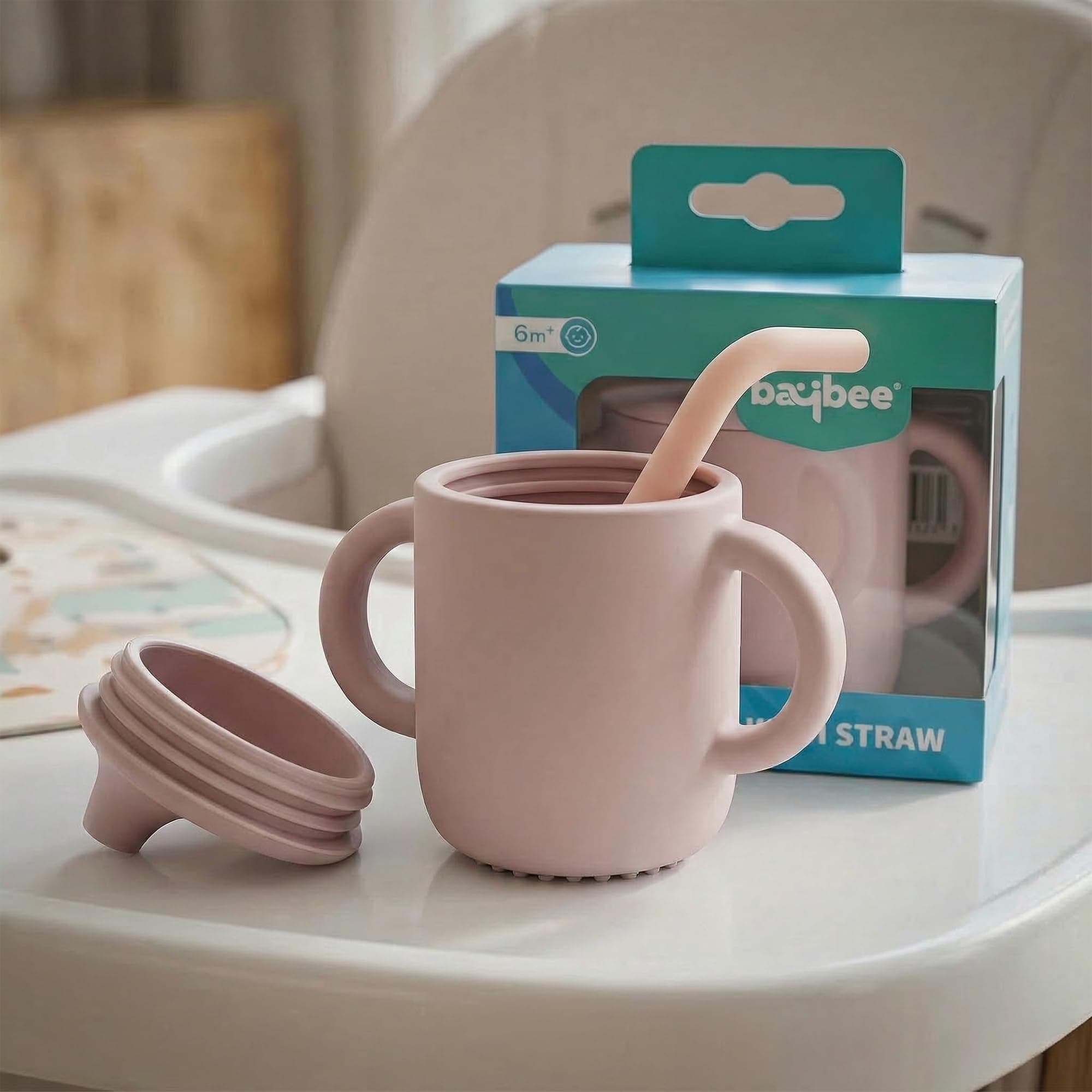 BAYBEE Baby BPA-Free Silicone Sipper Cup for Kids Drinking Training Anti Spill Sippy Cup/Glass with Soft Silicone Straw & Lid for Baby, Non-Slip Twin Handles Spout Cup for Infants 6+ Months (Pink)