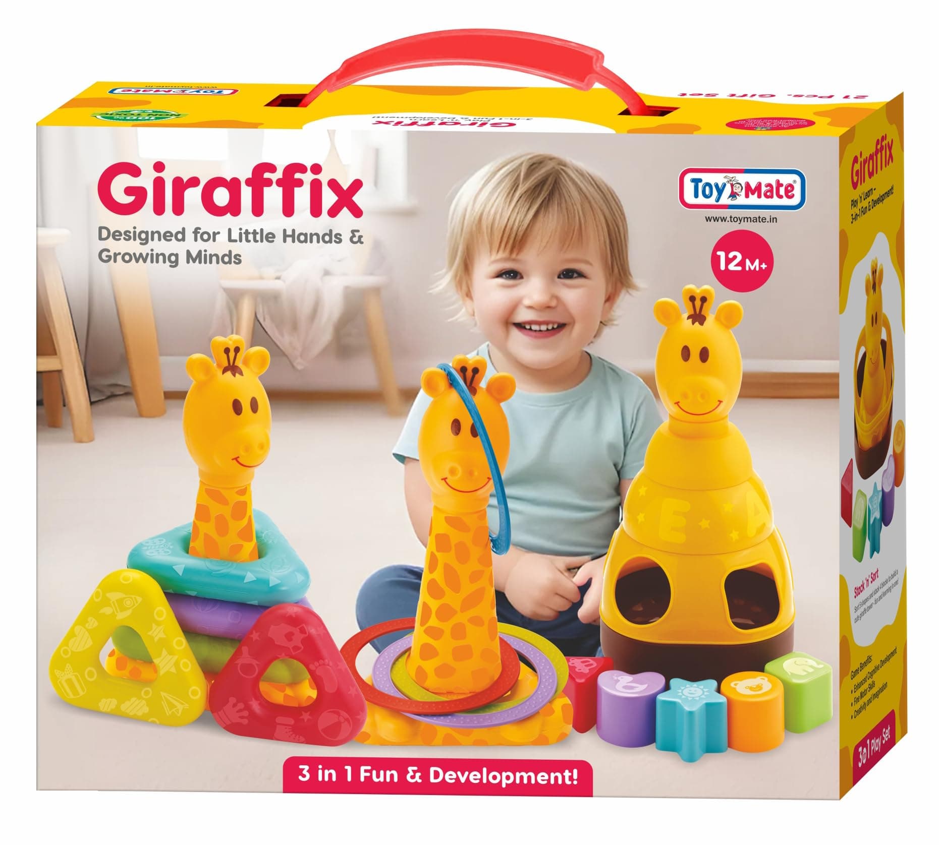 toymate Giraffix 3-in-1 Stacking, Sorting & Ring Toss Toy for Toddlers | Educational Montessori Learning for Babies | Shape Sorter, Stacking Rings & Motor Skills Development Toy for 12+ Months