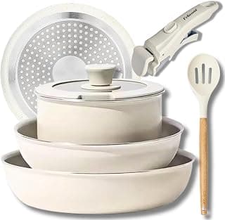6 Pcs Pots and Pans Non Stick Cookware Combo Set Induction Ready, with Detachable Handle, Stackable Kitchen Cooking Set Removable Handles, Oven Safe, frypan Tea pan Utensils (Cream White)