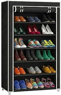 EASY BUY 6 Layer Black Shoe Rack with Cover, Plastic Rack 6 Shelves with Zip Door Cover & Side Pocket | Dustproof Storage Organizer for Footwear, Clothes, Toy, Shoe Rack Plastic, Slipper Stand