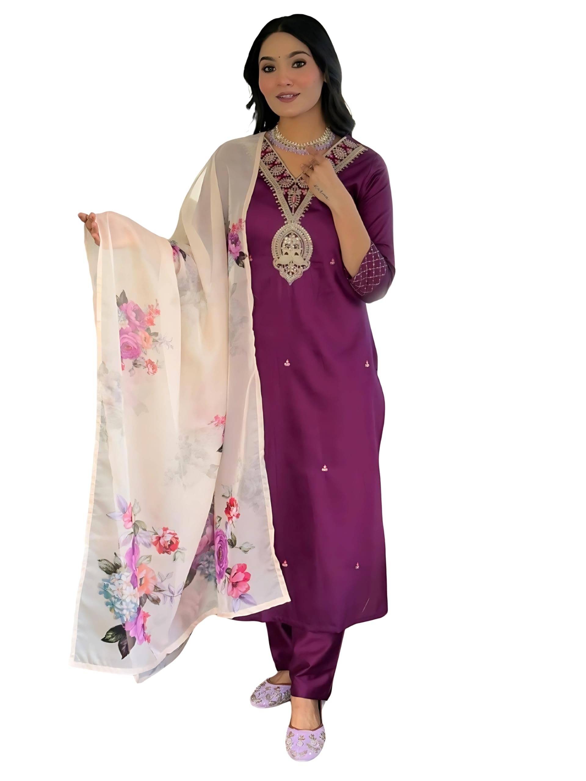 Naixa Women's Rayon Slub Embroidered Straight Kurta with Pant and Dupatta Sets (Available in Plus Size) (NX-675)