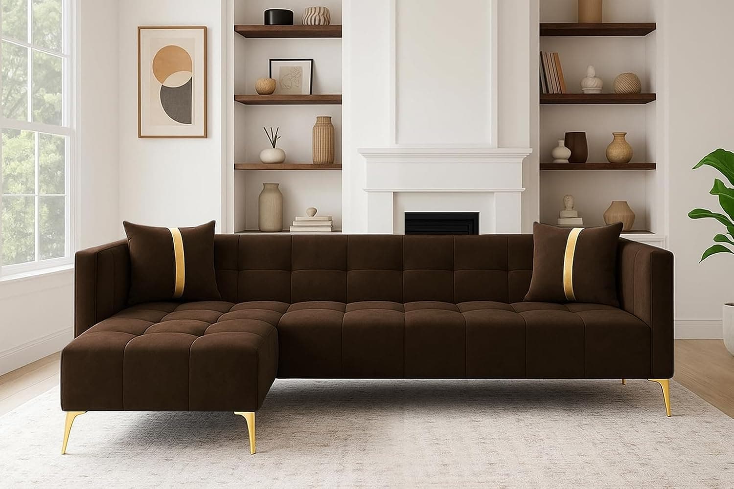 FURNY Styliving 6 Seater Fabric LHS Sectional L Shape Sofa Set (Brown) with Golden Finish Legs | Durable & Comfortable | Ideal for Living Room