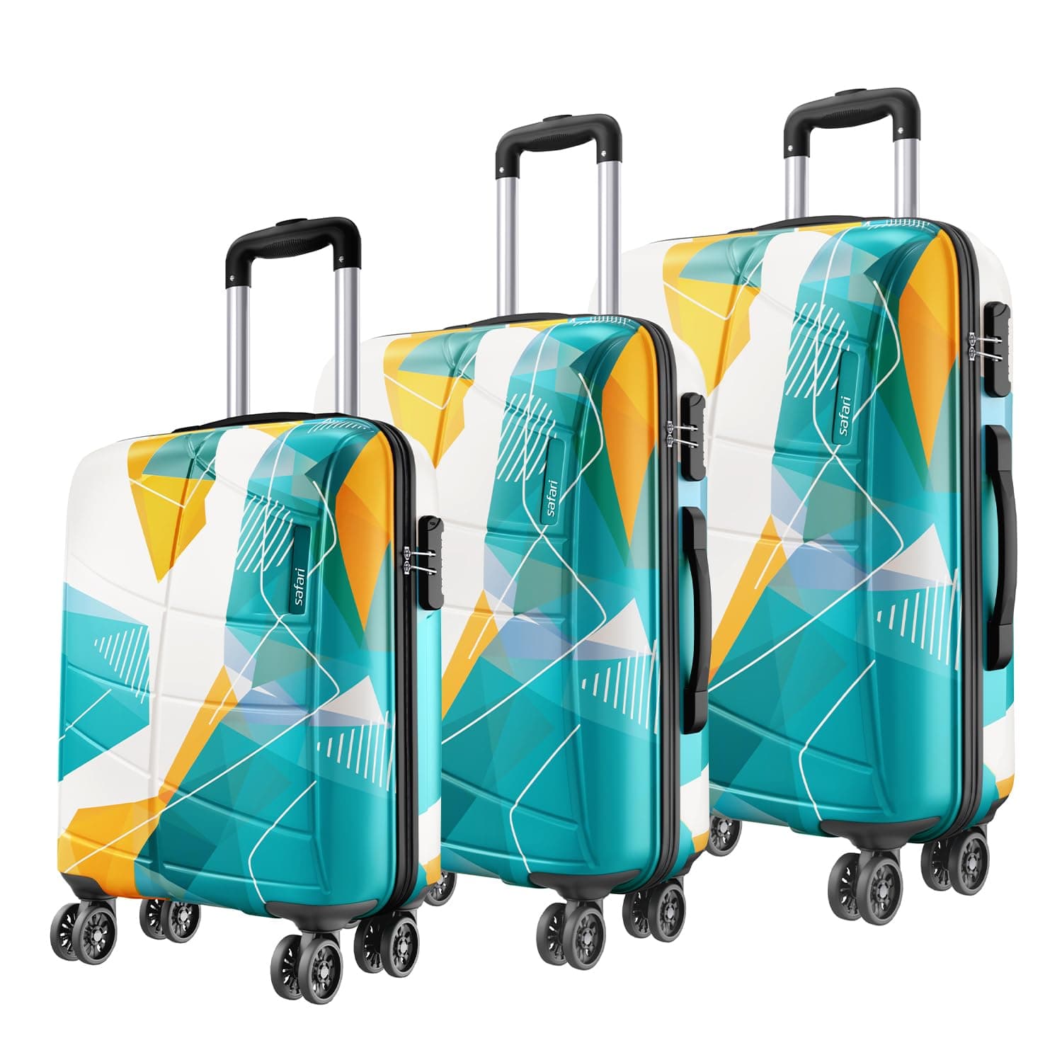 Safari Luma Neo 8 Wheels Set of 3 (Cabin + Medium + Large) Trolley Bags, Hard Case Printed Polycarbonate, 360 Degree Wheeling Luggage, Suitcase for Travel, Trolley Bags for Travel, Multicolour