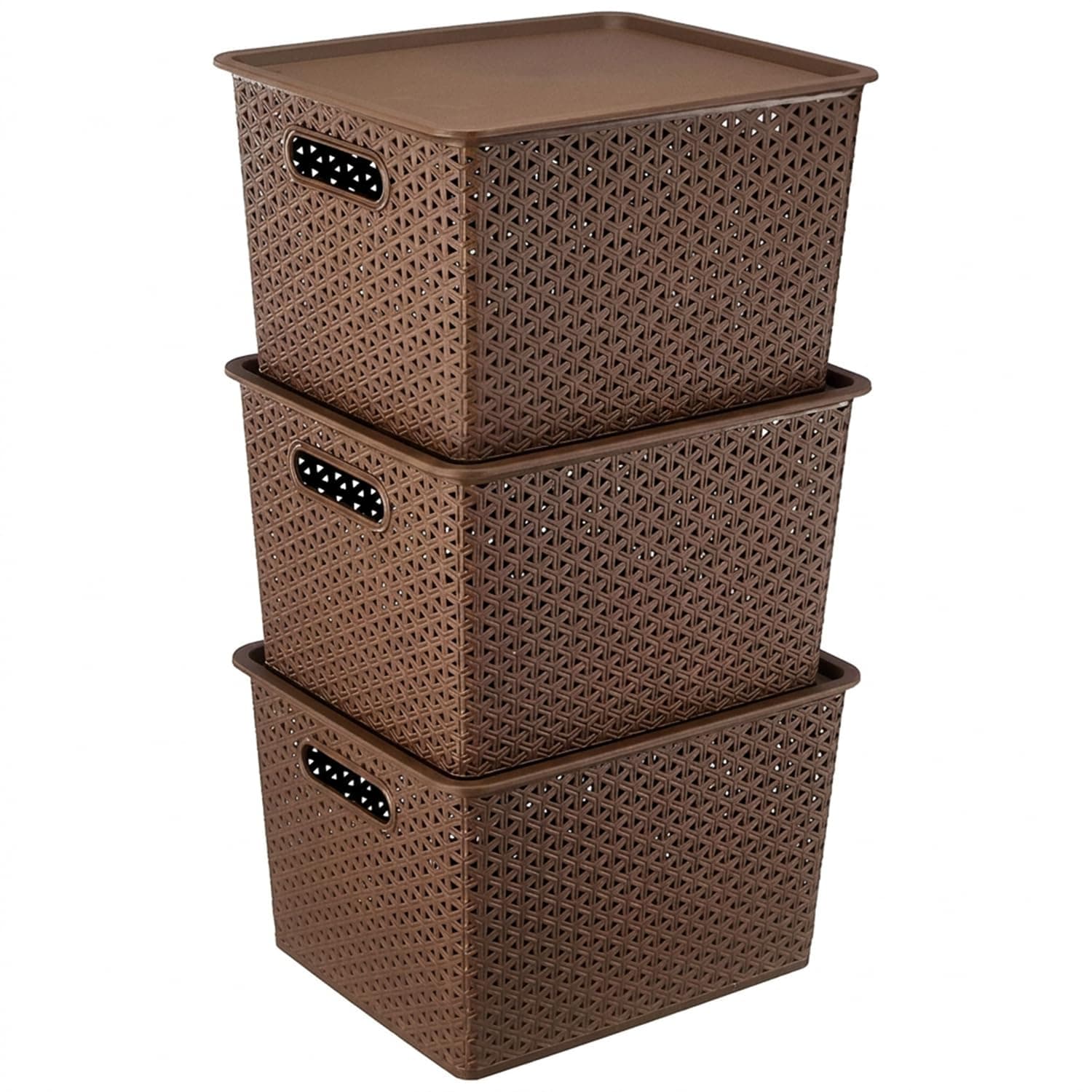 Amazon Basics Set of 3 Plastic Storage Baskets with Lid – Stackable Organiser for Wardrobe, Kitchen, Clothes, Toys, Books, Office Multipurpose Shelf Basket (Large, 36×30×22 cm) | Brown, Rectangular