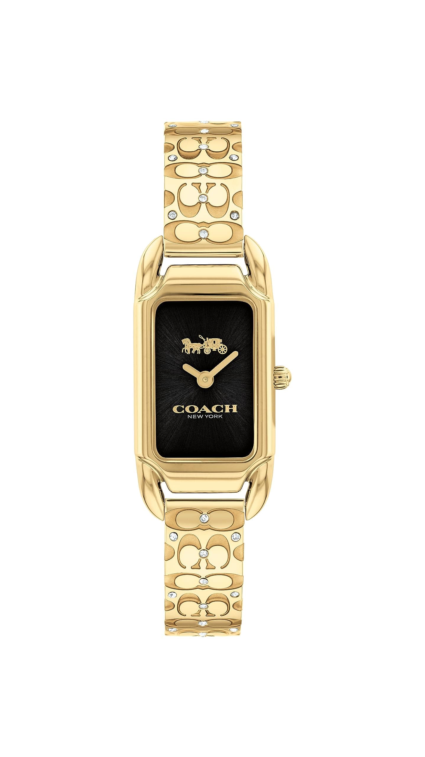 Coach Cadie Qtz Basic Black Rectangle Dial Women's Watch|Ionic Plated Thin Gold Steel & Crystals Material|Gold Color Band - 14504250