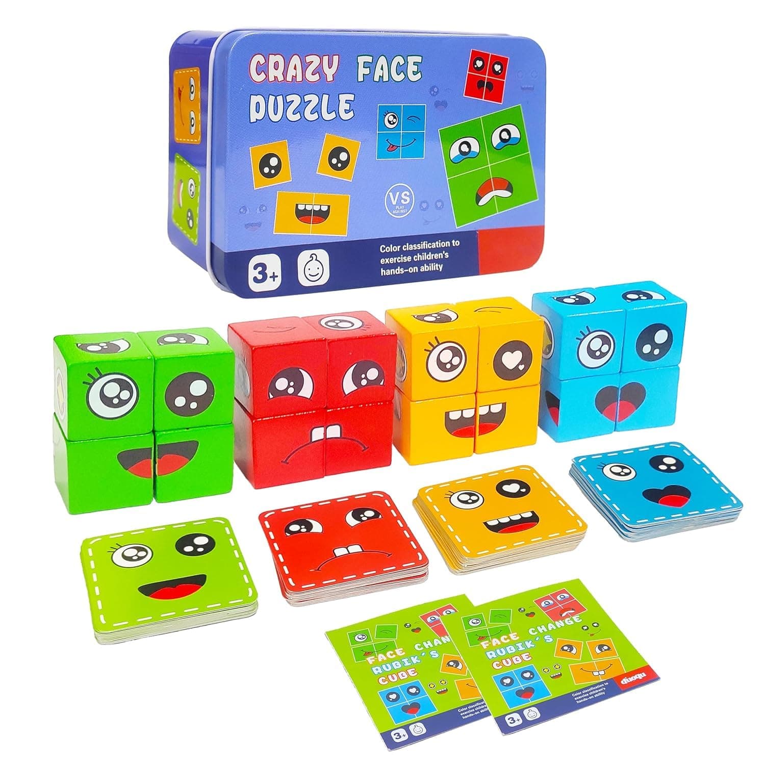 Kidoyz Wooden Face Matching Puzzle Game for Kids 3+ Years | Crazy Face Changing Cube Brain Teaser with 16 Expression Blocks, 72 Challenge Cards & Metal Storage Box | Educational Learning Toy