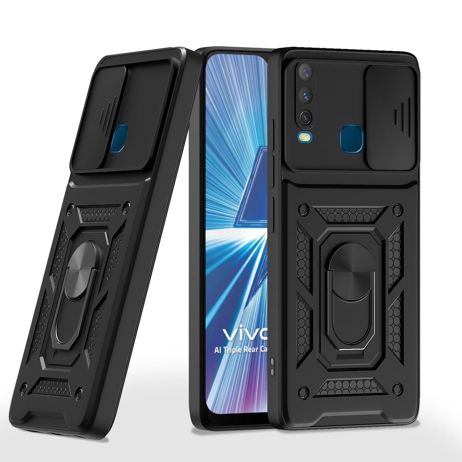 Amazon Basics Back Cover for Vivo U10 / Y12 / Y15 / Y17|360 Protection Case|Sliding Camera Sheild Cover & Ring Holder Stand Back Cover|D10 Tough Armor Bumper Case (Black)
