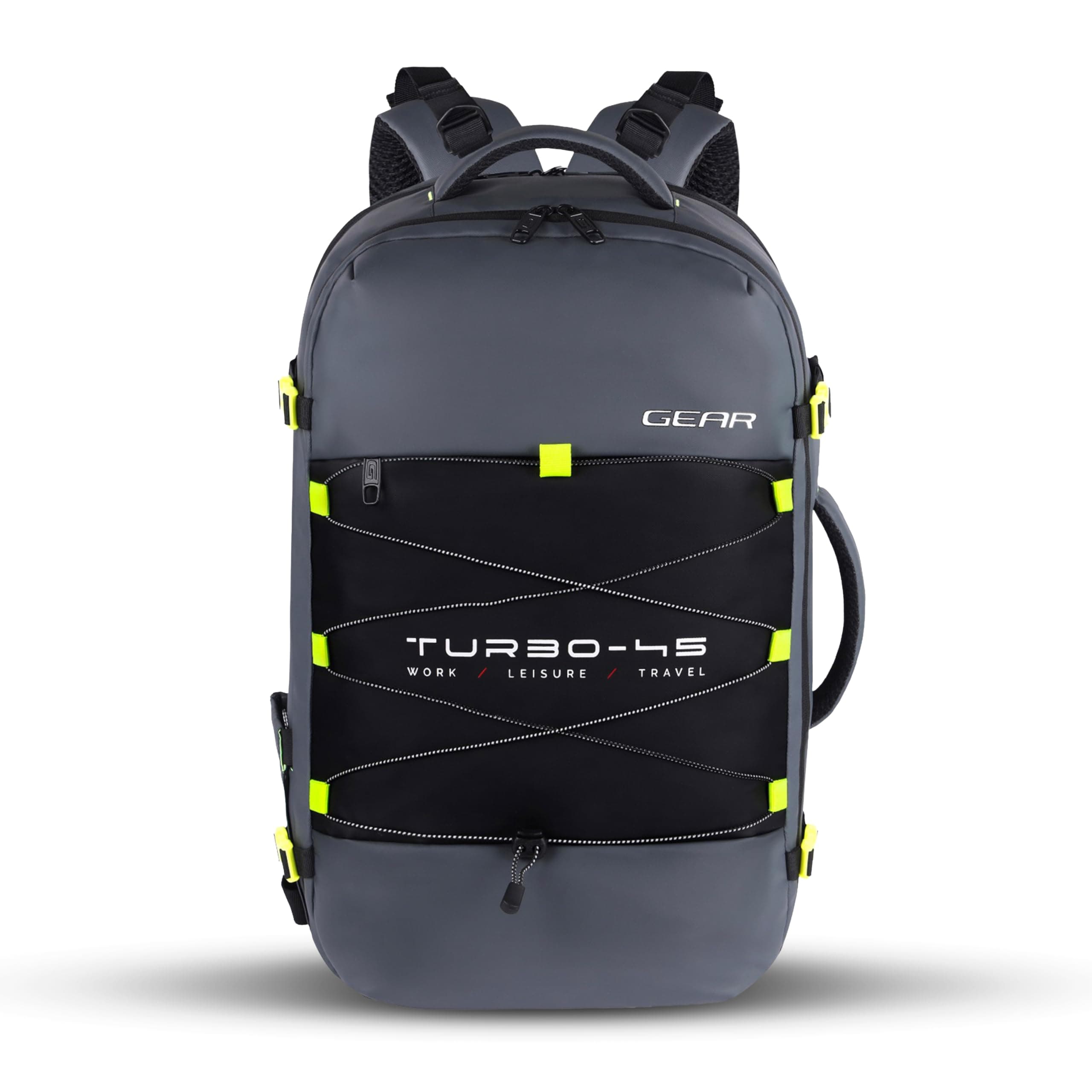 Gear Turbo 21"/45L Large Water Resistant Anti theft Laptop Backpack with Raincover | Backpack | Daypack |Briefcase | Travel Bag For Men/Women (Black - Grey)