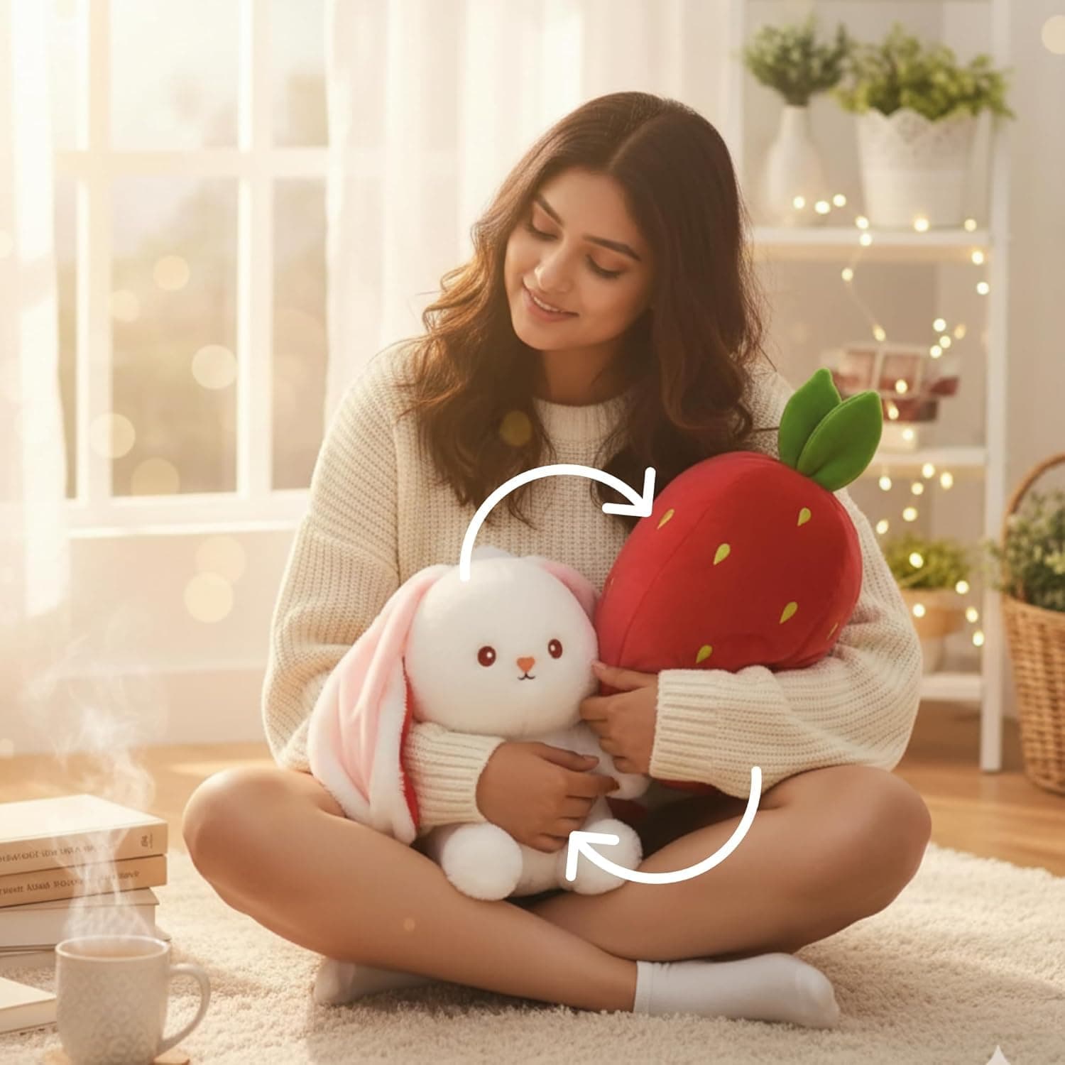 Fusked Flufies Plush Toys - Snuggly and Aesthetic Stuff Plush Toys and Baby Toys - Soft Toys for Baby Girl and Baby Boy - Soft Toys for Girlfriend Gift (Strawberry Reversible Rabbit)