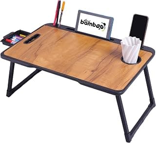 Real Bamboo Foldable Laptop Table for Bed Desk Portable Study Writing Multipurpose Adjustable Tray with Tablet Holder Cup Slot Storage Drawer (US Biding AWOOD)