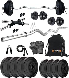 Kore PVC 18 Kg Home Gym Set with One 3 Ft Curl and One Pair Dumbbell Rods with Gym Accessories, Black