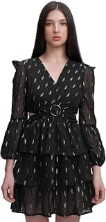 Tokyo Talkies Women's Chic Cut-Out Ruffle Dress with Long Bishop Sleeves A Playful Yet Elegant Short Dress for Every Occasion