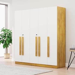 Bniture 5 Door Wardrobe for Bedroom with Lockable Door & Hanging Space | Almirah for Clothes with Elevated Bottom Base | Wardrobe for Storage | 3 Years Warranty (Giant Wood & Frosty White, 5 Door)