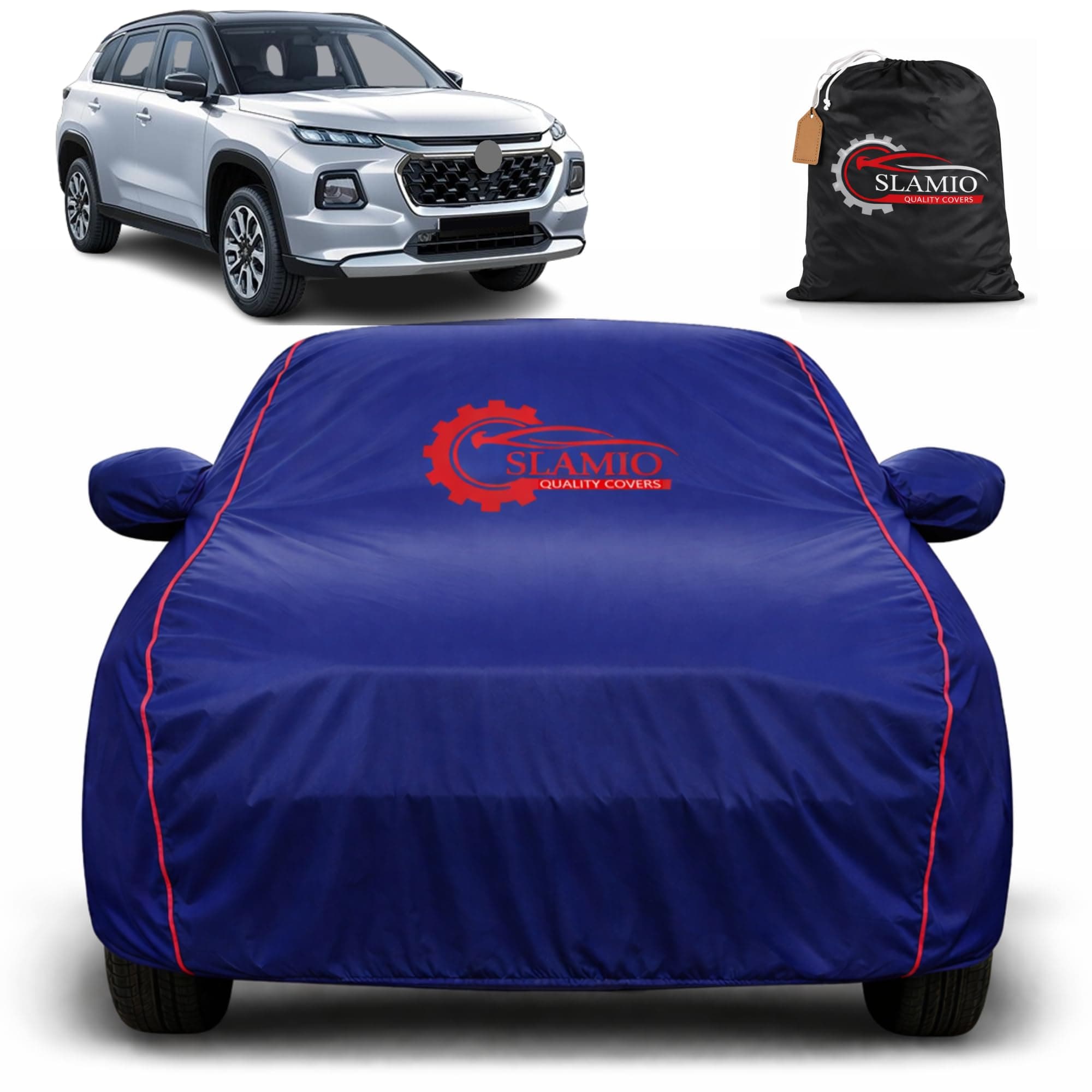 Slamio Premium 100% Waterproof Car Cover for Maruti Suzuki Grand Vitara 2022-2026 Models | All-Weather, UV & Dust Protection | Heavy-Duty 3-Layer Fabric | Custom Fit & Antenna Pockets | Navy Blue