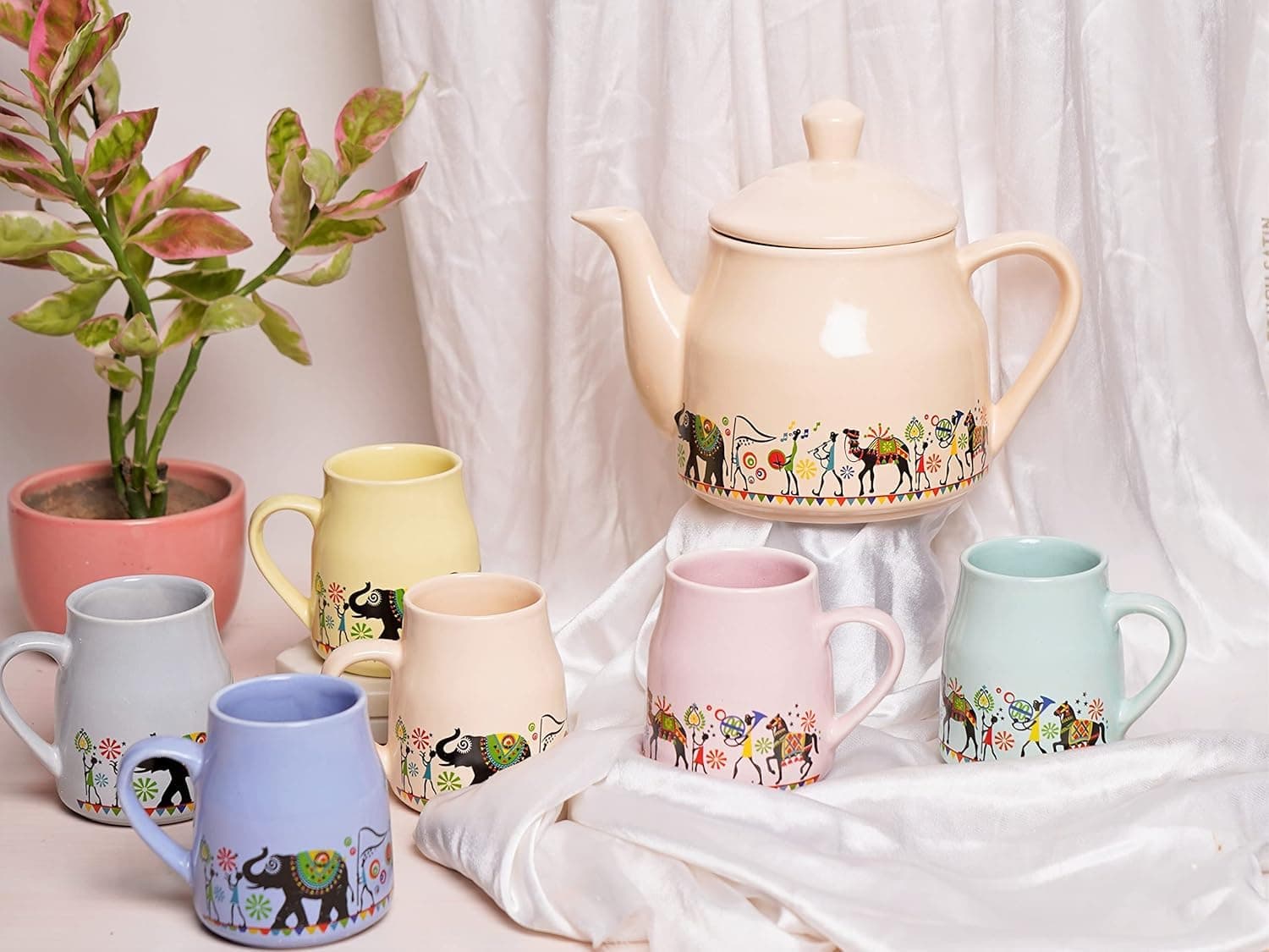 DEEDECORWAVE Ceramic Pastel Tea Set – 1 Kettle + 6 Cups – Multicolor | Premium Tea Cups & Kettle Set | Microwave & Dishwasher Safe | Elegant Gift for Birthday, Anniversary, Christmas, Housewarming
