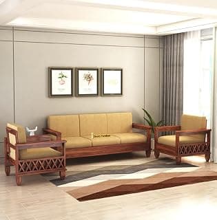 STRATA FURNITURE Solid Sheesham Wood 5 Seater Sofaset For Living Rooms 3+1+1 Wooden Sofa Set For Home And Office (Natural Teak Finish) - 5
