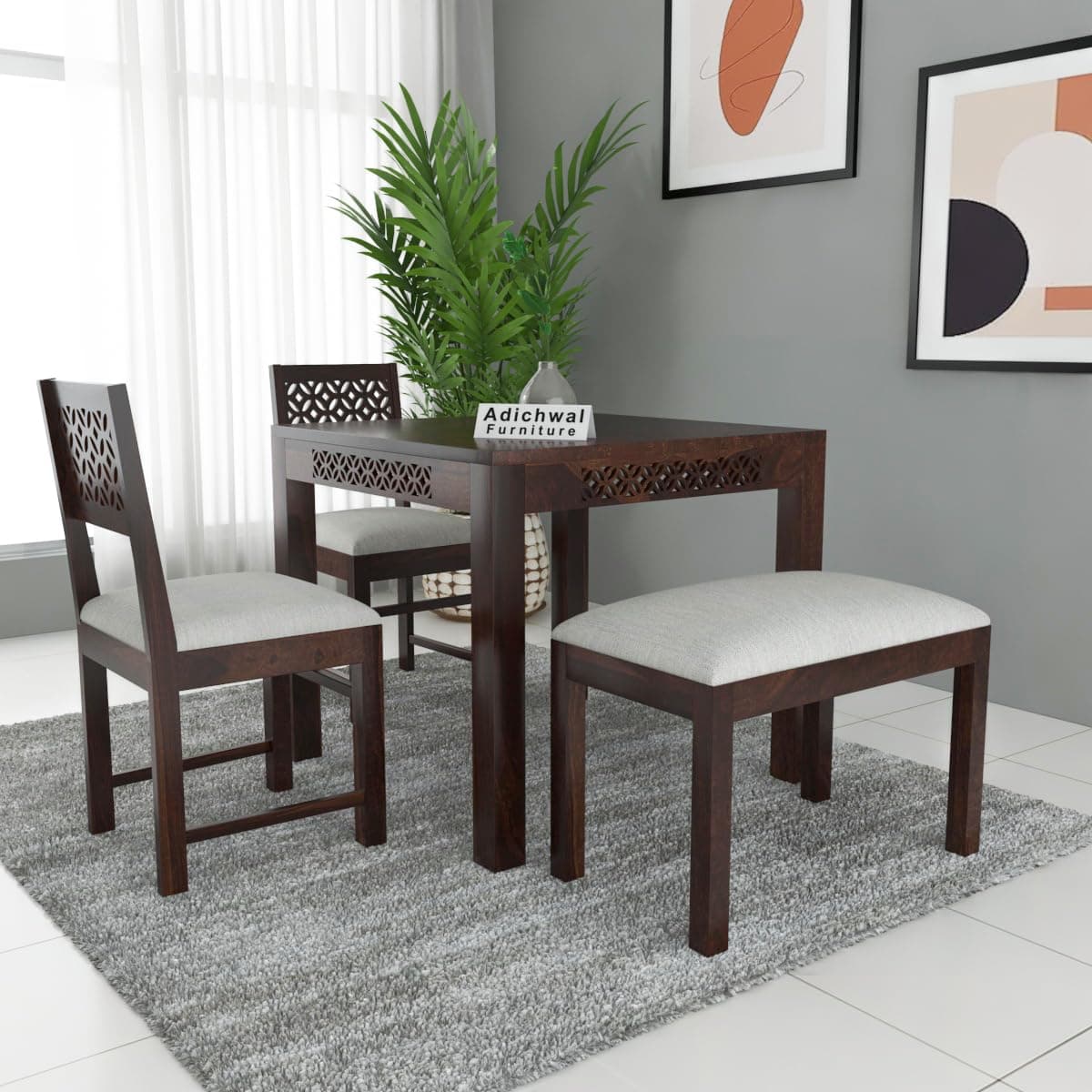 Adichwal Furniture Sheesham Wood 2 Chair with 1 Bench Dining Table Set with Cushioned Chairs for Dining Room | Living Room | | Hotels Restaurant (4 Seater with Bench, Walnut A)