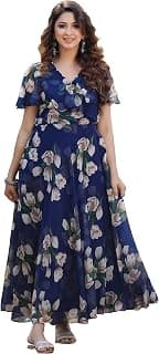 Shasmi Women's Dress | Flare Straight, Maxi Gown | Ankle Length | Short Sleeves | Butterfly Sleeves Style| Casual| Party | Wedding | Festival | Formal (Maxi Gown)