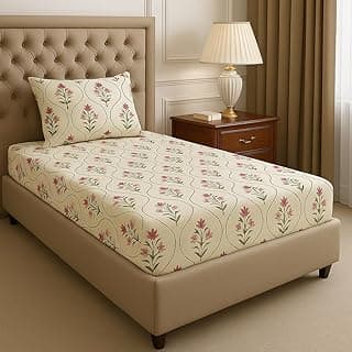 BSB HOME Premium Cotton Elastic Fitted Bedsheets with 1 Pillow Covers |Floral Printed Single Bed Elastic 220 TC Supersoft Breathable & Wrinklefree | for 72x36+6 Inches, White and Pink