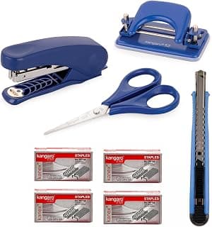 Office Stationery Set, Stapler NR-10, Paper Punch 52, Scissor KS-128, Cutter MP-9 with 4 Staple Pin Boxes, (8 Pcs). Blue