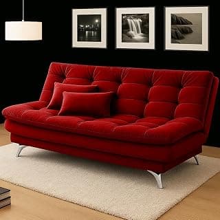 FURNY Eagel 3 Seater Fabric Sofa Cum Bed Set with 2 Cushions, Best Fit for Indian Homes, Living Rooms, Offices (Red Color-Fabric)