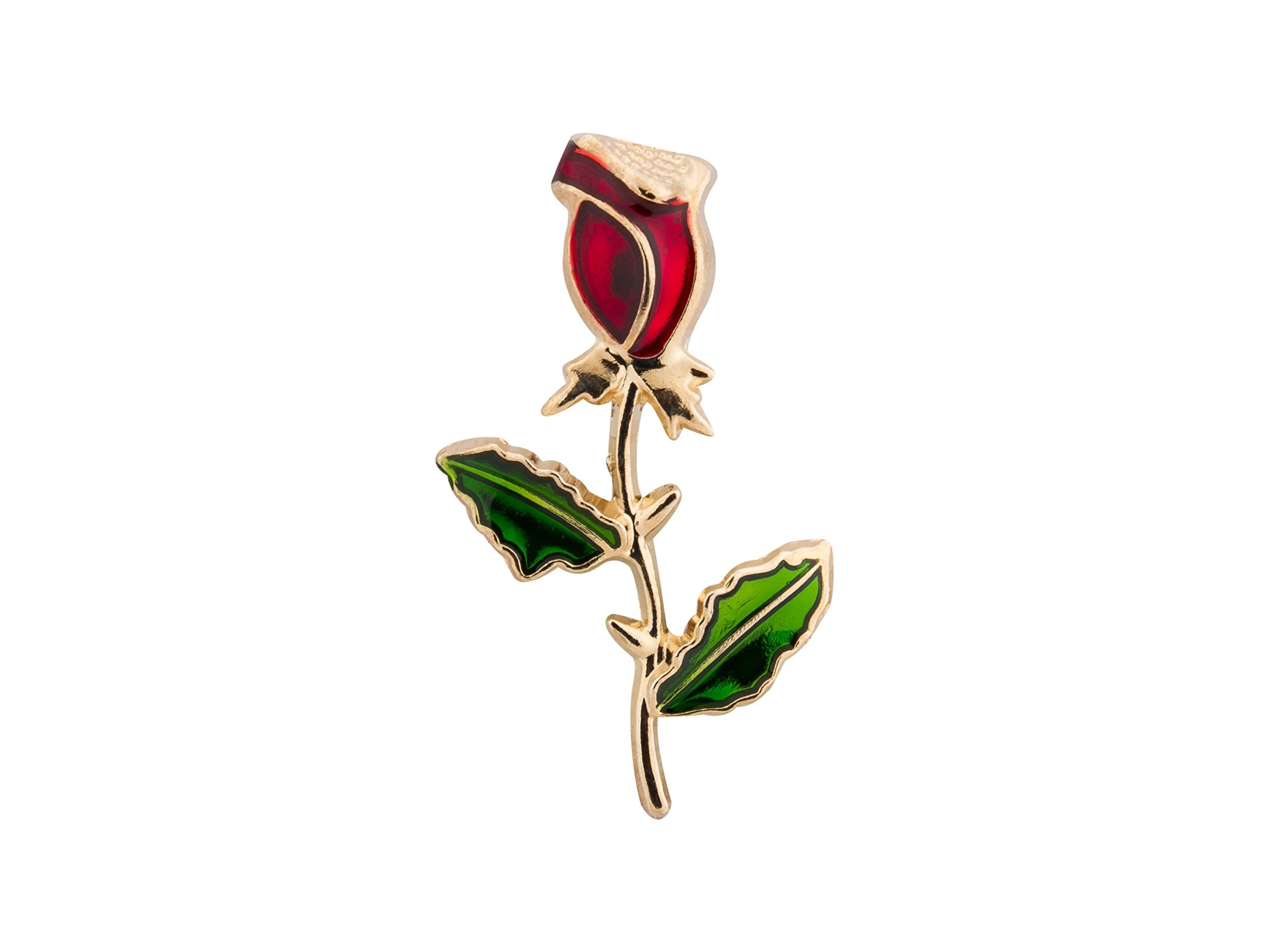Knighthood Golden Red Rose Stem with Green Leaves Metal Lapel Pin Suit Collar Accessories Brooch for Men