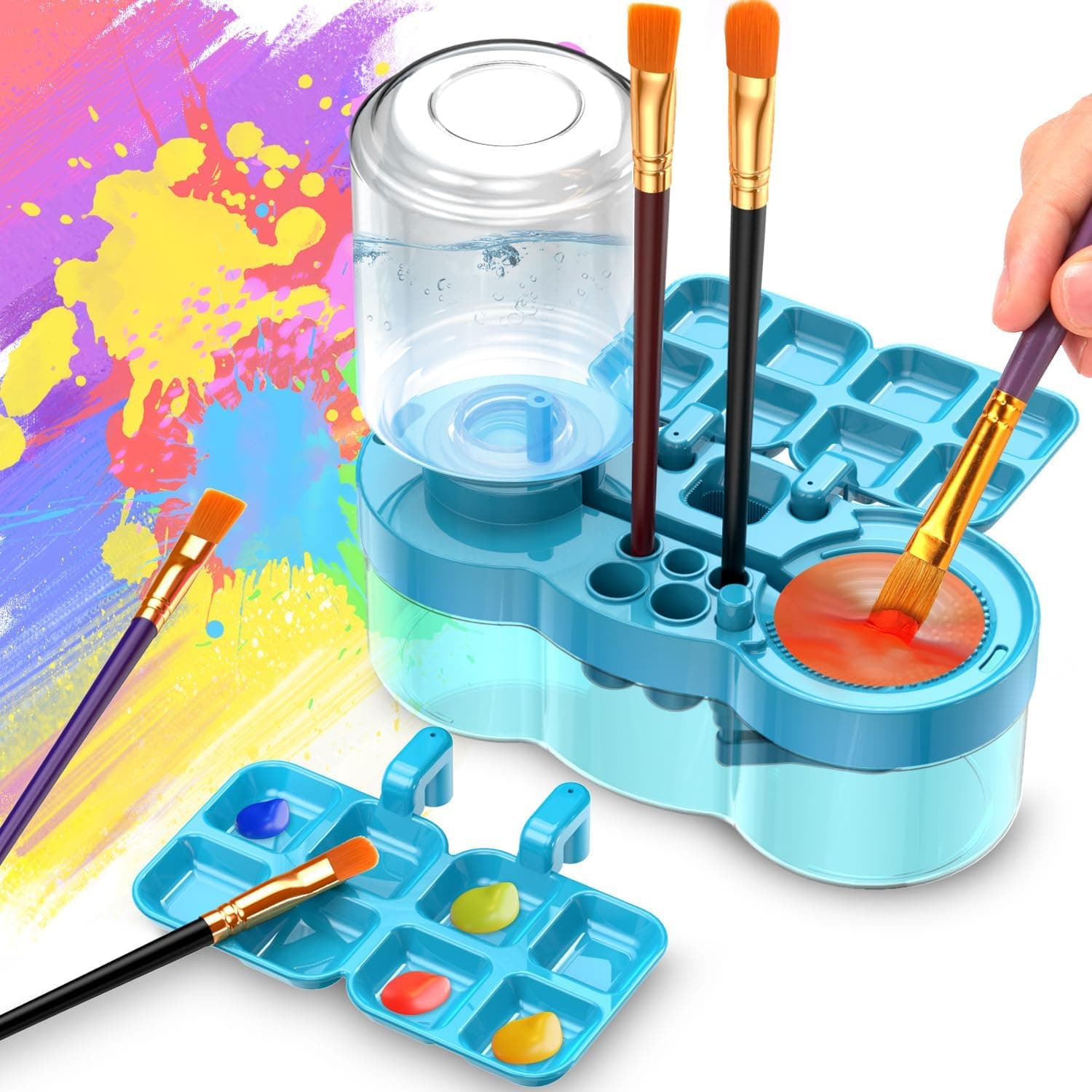 Parssufy Paint Brush Cleaner with Paint Tray, 6-in-1 Water Circulation Rinser Paintbrush Cleaner with Drain & Brush Holder, Watercolor Dispenser & Paint Palette, Paint Brush Washer (Blue)