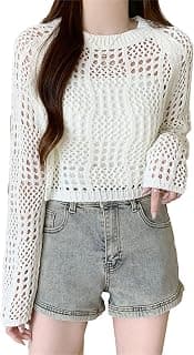 ICW Women's Knitted Crochet Transparent Long-Sleeve Hollow Out Sheer Pullover Top T-Shirt Sweater Dn61 (One Size Fit XS-S-M-L)