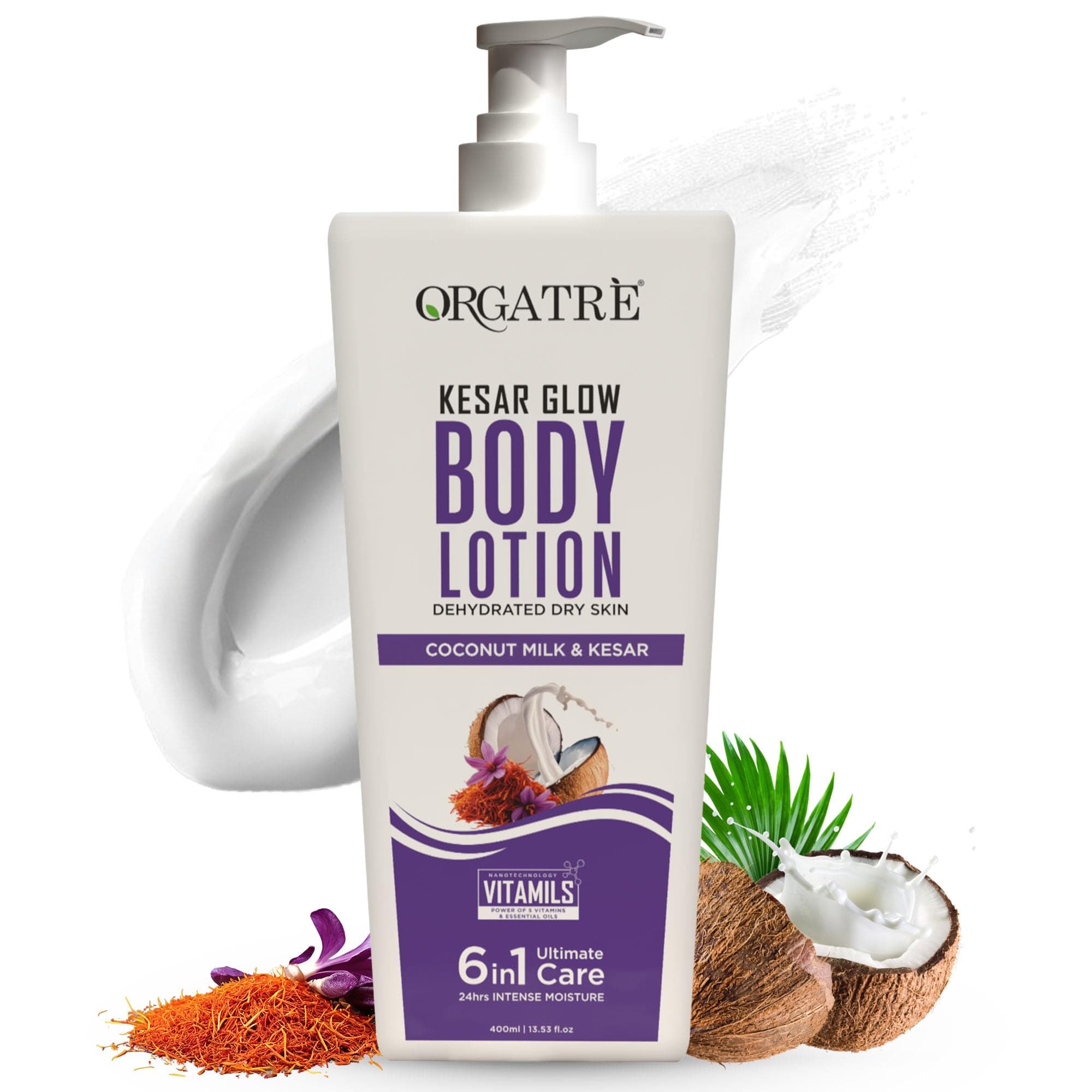 Orgatre Body Lotion with Honey, Almond, Kesar & Alovera | Deep Moisturizing for Dry Skin | For Men & Women | Soothes, Protects & Revitalizes | 24-Hour Intense Hydration - 400ml (Kesar)