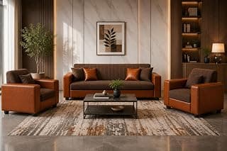 3+1+1 Sofa Set | 3 Seater Sofa with Two Single Seater Chairs | Premium Fabric & Leatherette Upholstery | Soft Foam Cushions | for Home & Office | Pre-Assembled (Brown and Tan)