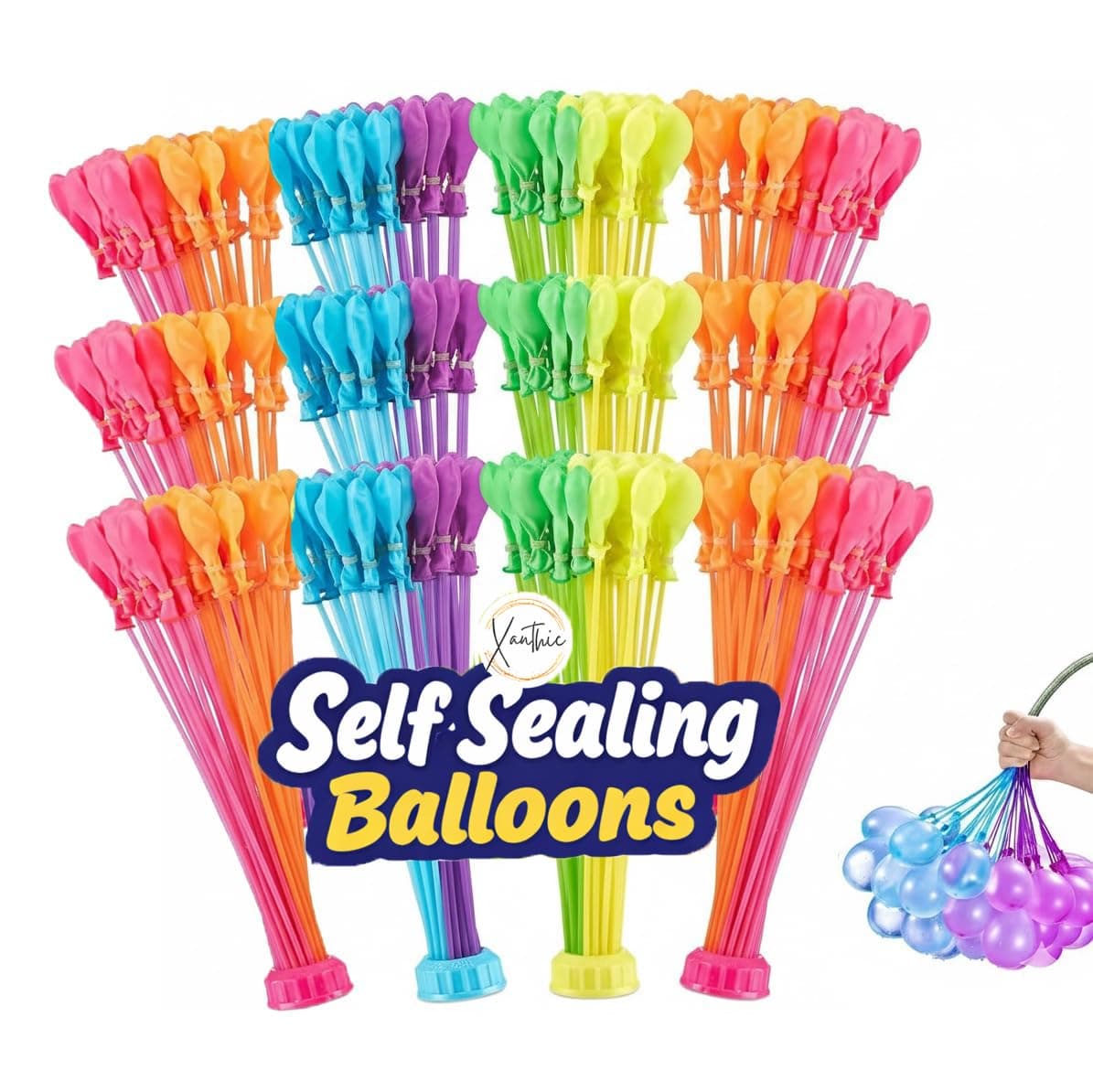 XANTHIC Water Balloons for Kids, Set of 12 Bunch - 444 Balloons, Quick Fill Easy Tie with Universal Tap Adapter, Holi Magic Water Balloons Fight