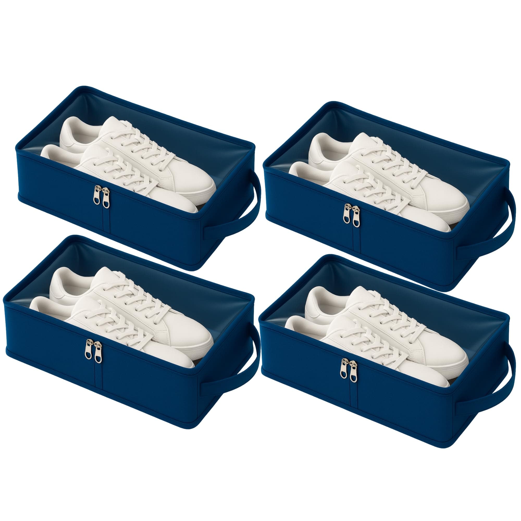 SRAJANAA Under Bed Storage Shoes Organizer Box with Clear Plastic Zippered Cover (Blue, Pack of 4) | Dustproof Shoe Bags for Travel & Home | Closet & Underbed Shoe Storage for Men & Women