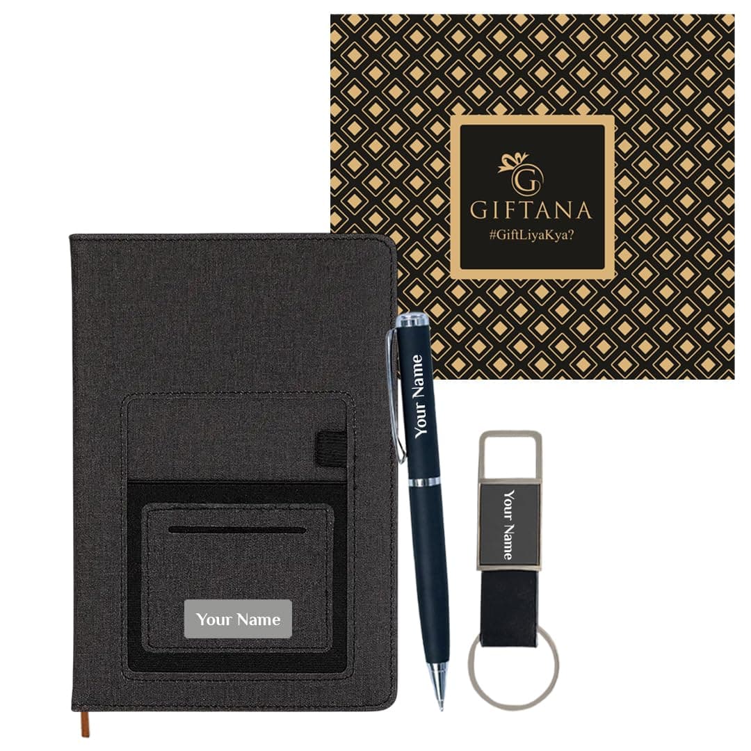 Giftana Personalized Diary with Pen and Keychain Gift Set for Men and Women, 3 in 1 Jute Cover Pu Leather Pocket Diaries Personalised Gift for Doctor, Corporate Gifts for Employee - Black,192 Pages