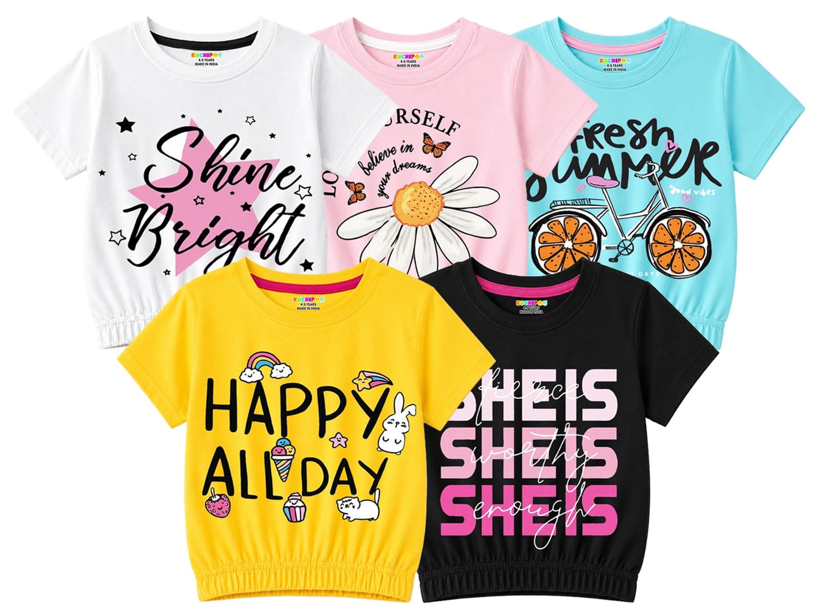 Kuchipoo Girls Cotton Crop Top | Half Sleeve Graphic Printed Summer T-Shirt with Elastic Waist | Soft & Breathable Casual Wear for Kids | Pack of 5