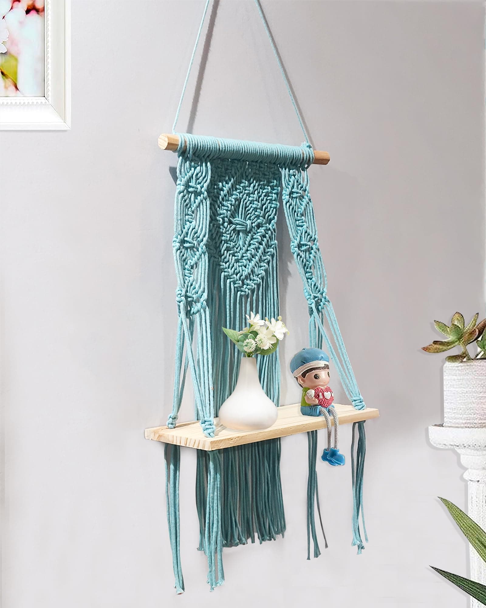 Homesake® Macrame Wall Hanging Shelf Boho Decor Pine Wood Floating Shelf for Bedroom Living Room Nursery Bathroom, Handmade Woven Rope Storage Rack Butterfly, (Turquoise)