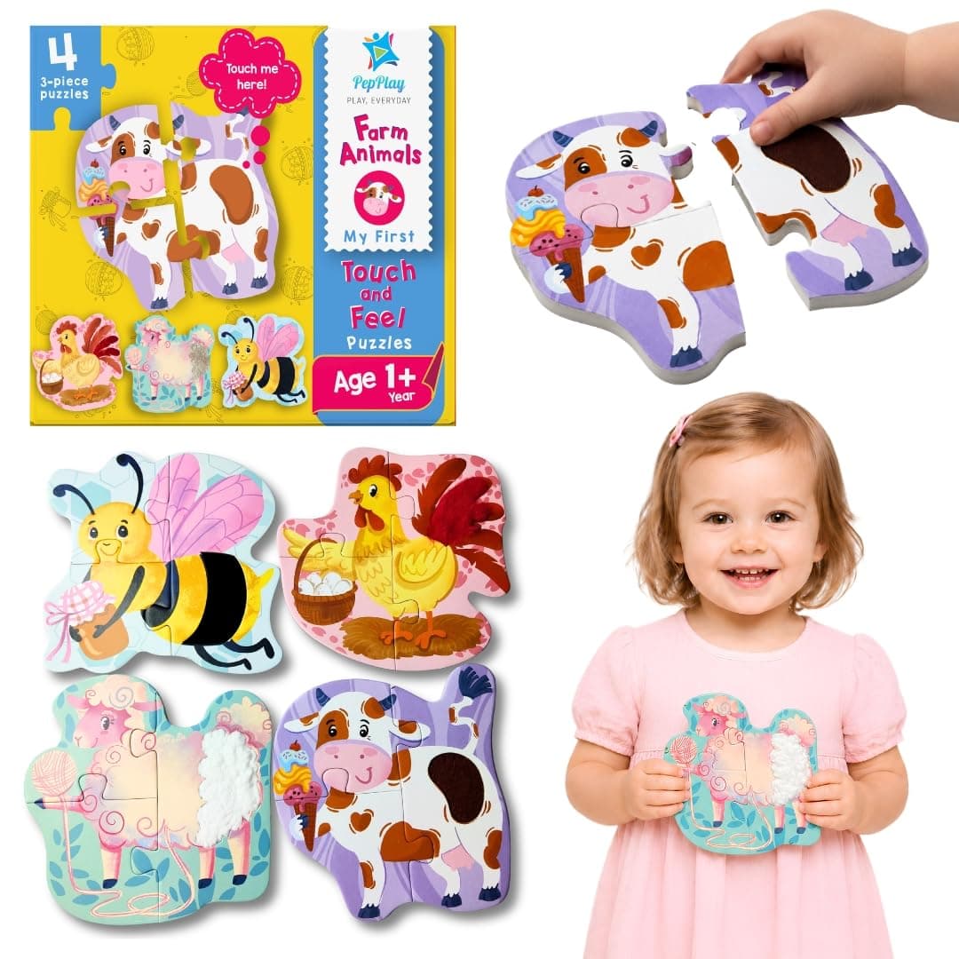 PepPlay First Puzzle Touch & Feel Farm Animals | 4 Chunky Sensory Puzzles Real Textures (Wool Felt Velvet Furry) | Educational Montessori Learning Toy Preschool Kids 1-4 Years | Birthday Return Gift