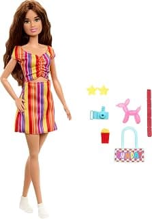Barbie Day at The Fair Doll & Accessory Set with Camera, Balloon Dog & More, Fashionable Festival-Themed Outfit with Pink Overalls Skirt