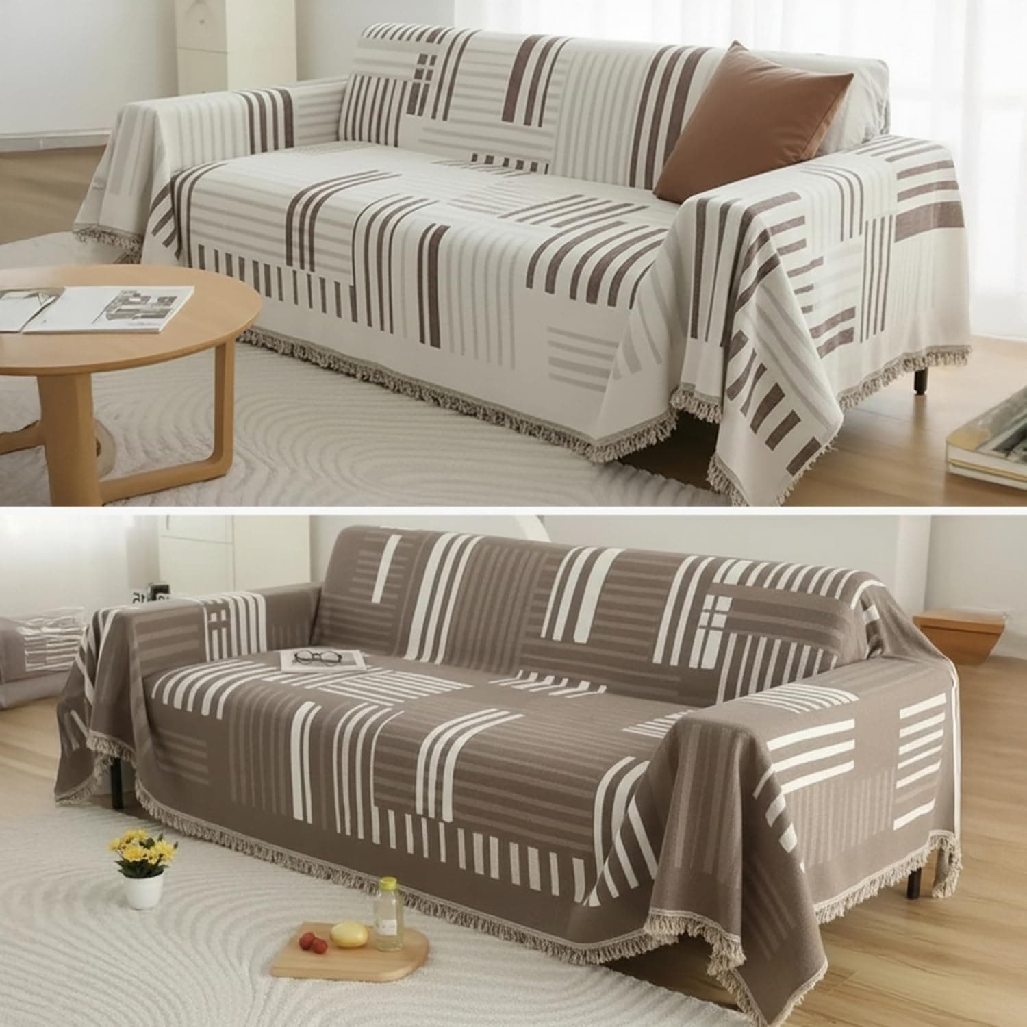 The Furnishing Tree Reversible Double Sided Chenille Throw Sofa Cover, Anti-Slip Couch Cover, Comfy Sofa Towel for All Seasons, 3 Seater, Minimalist and Geometric Pattern Light Brown