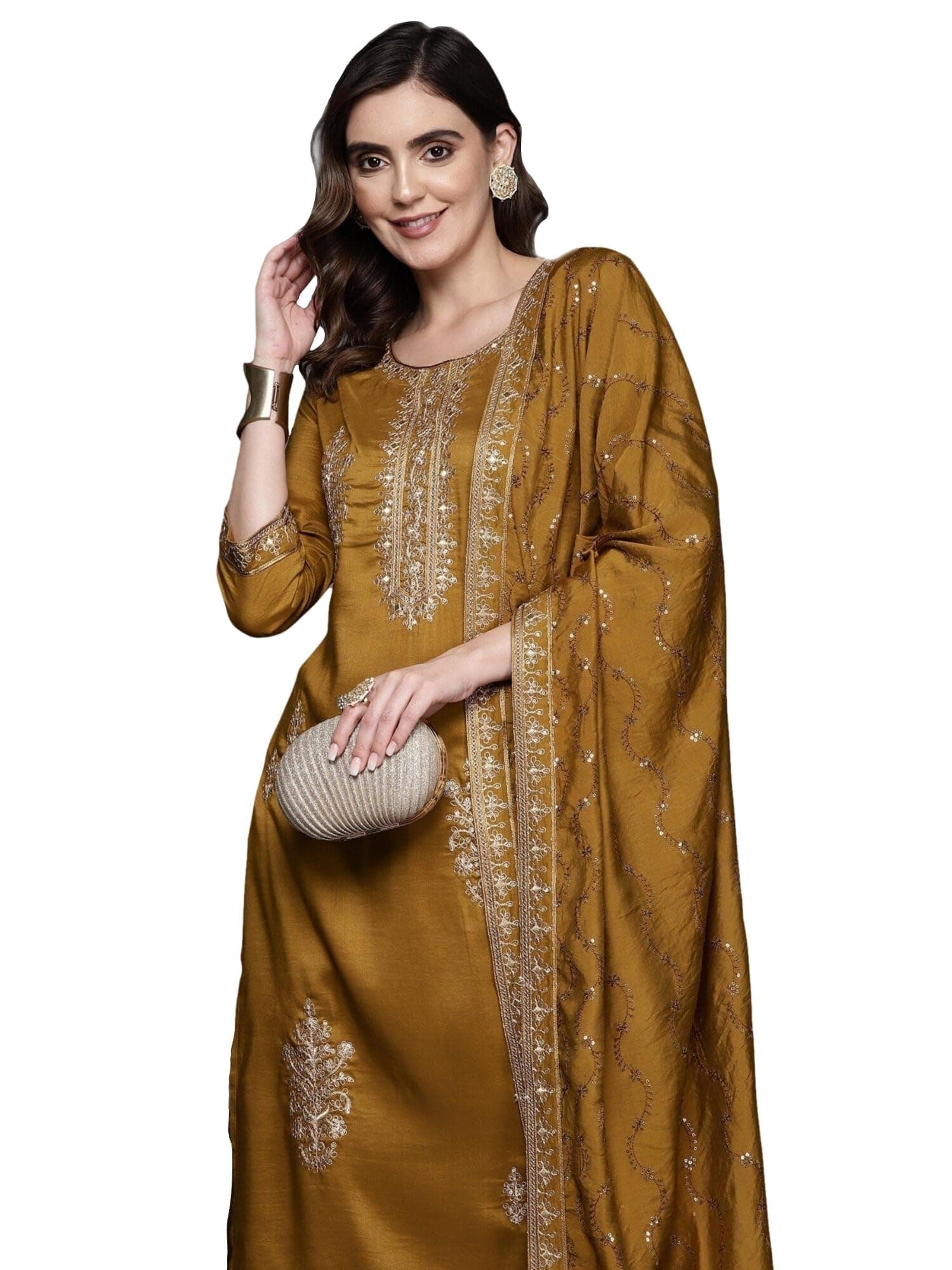 INDO ERA Women's Cotton Blend Embroidered Straight Kurta & Pant with Dupatta Set