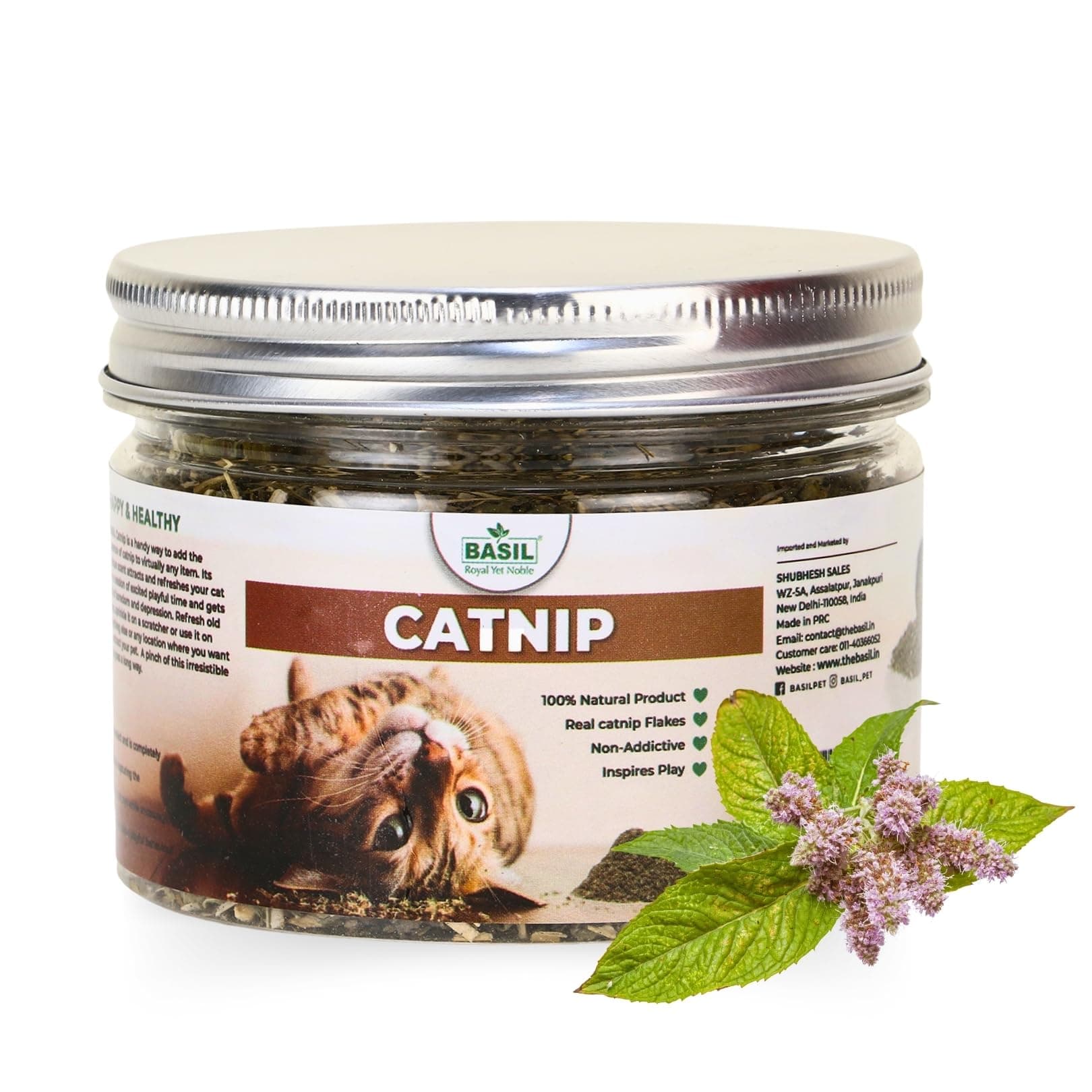 BASIL Royal Yet Noble Catnip Jar | 100% Natural & Organic Catnip | Non-Addictive & Safe | Used on Toys and Scratchpads | Stimulate Playful Behaviour in Cats & Kittens to Relax and Train, 30gm