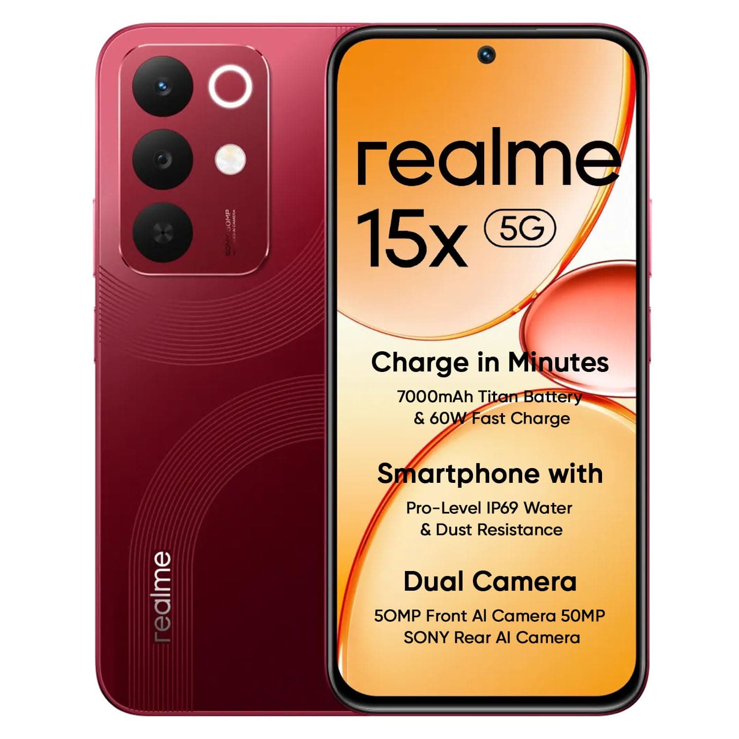 realme 15X 5G Smartphone 8+128GB, 6.8-inch Screen, 144Hz Display,7000mAh Battery, 60W Fast Charging, 50+50MP AI Camera,Dimensity 6300 6nm Octa-core chipset Processor, IP69, Maroon Red