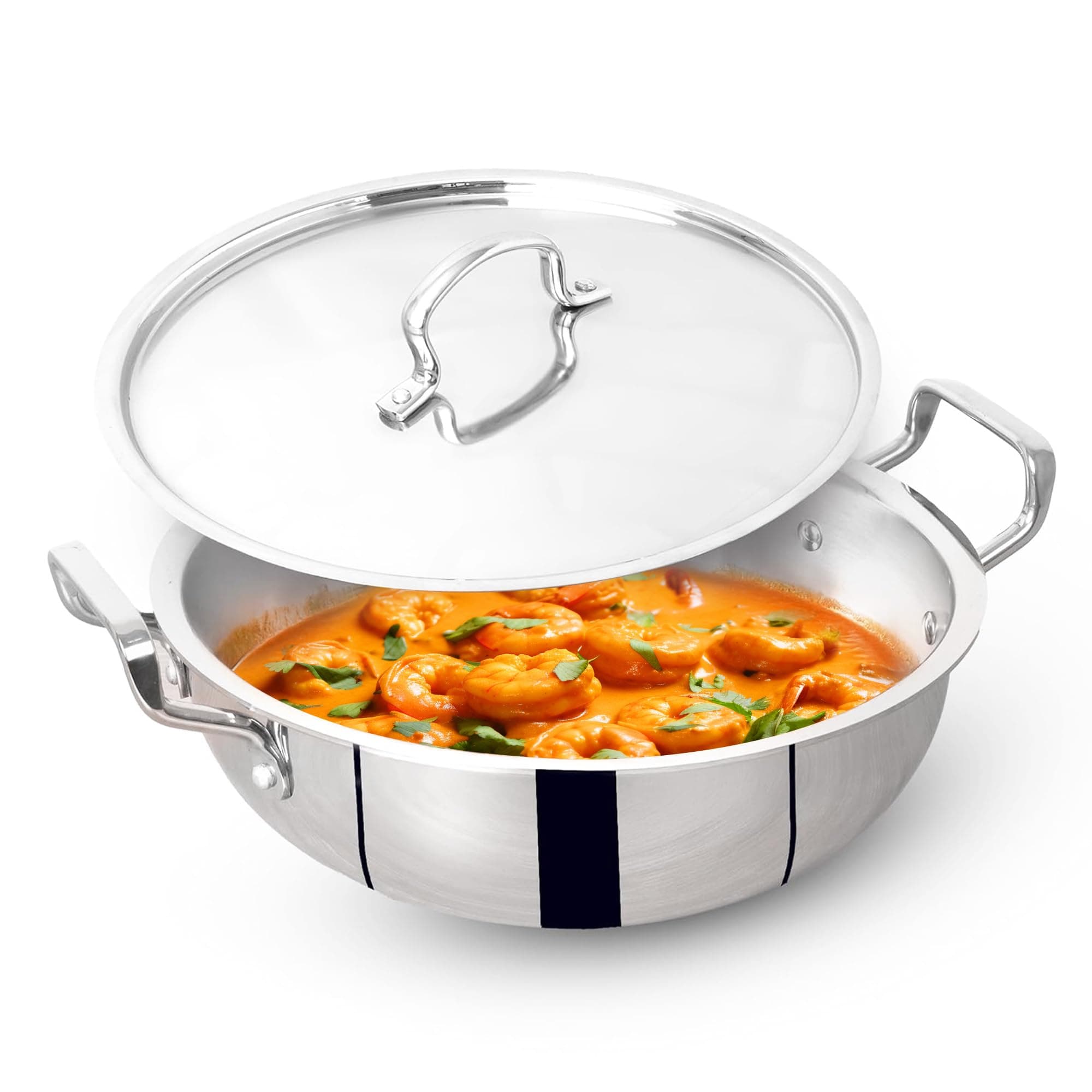 The Indus Valley Triply Stainless Steel Deep Kadai/Kadhai 4.5 LTR with Stainless Steel Lid | 26 cm/10.23 inch, 2.05kg | Induction Friendly | Nonstick 3-Layer Body, 100% Pure & Toxin-Free