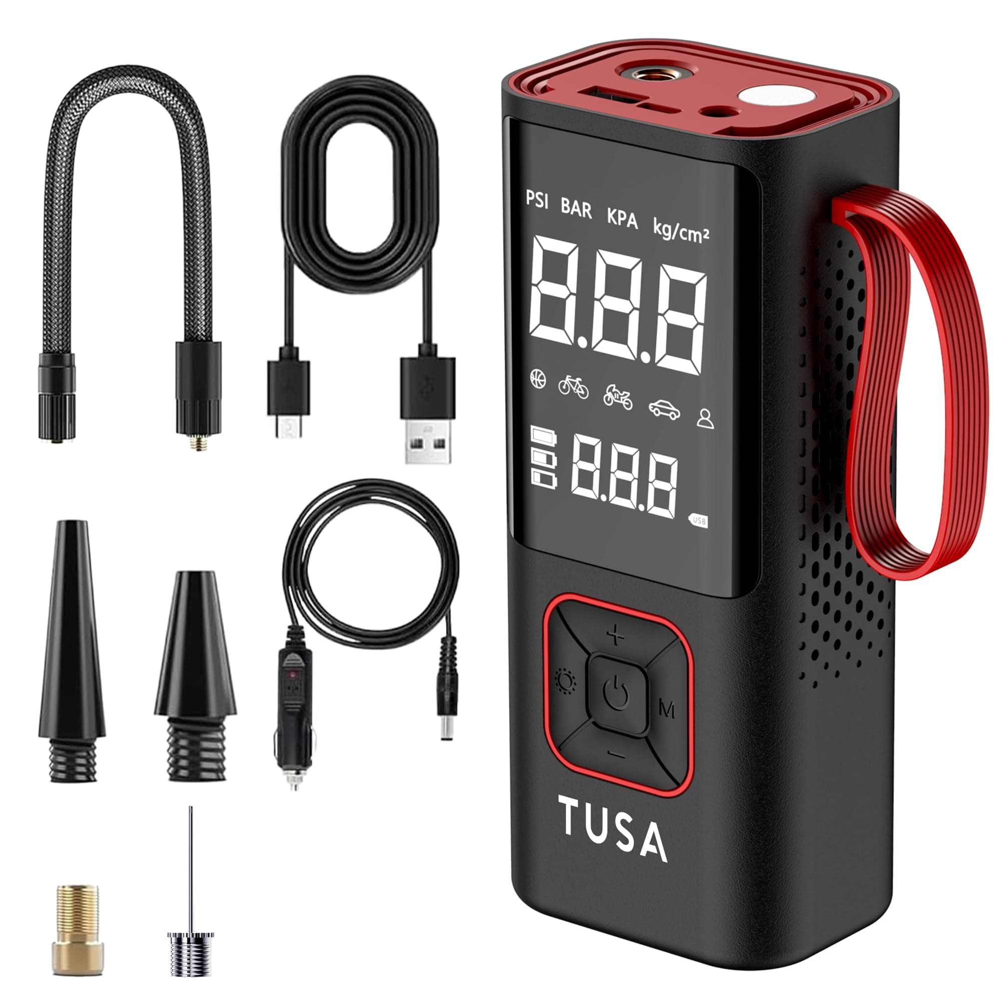 TUSA Storm X Cordless Tyre Inflator - Wired + Wireless (6000 mAh Battery & 12V Car Port), 2X Faster Inflation, 150PSI Air Compressor for Cars, Bikes, Motorcycles, Balls, and Inflatables (Red)