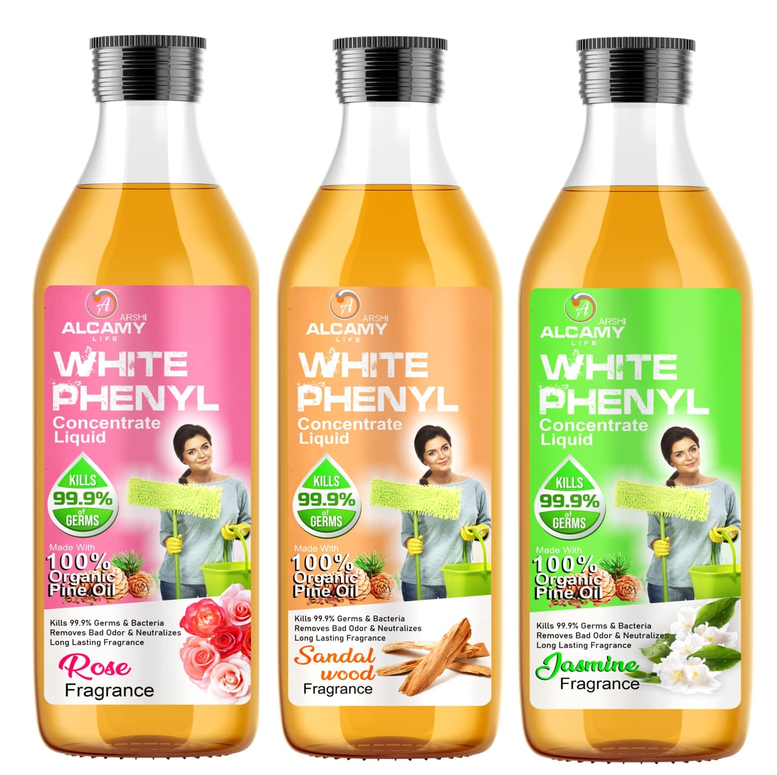 ARSHI A ALCAMY LIFE Disinfectant White Phenyl Concentrate Liquid | Rose, Sandal & Jasmine Combo Pack | Makes 15 To 17 Litre Of Thick White Phenyl | 600 ML (200 ML X 3 Units)