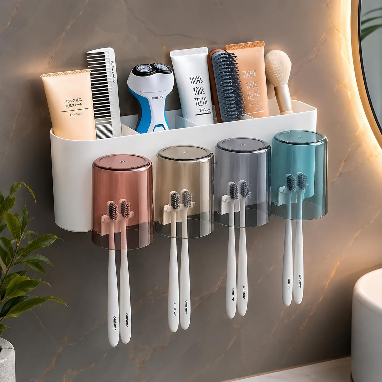OSLEN Plastic Toothbrush Holder Wall Mounted with 4 Cups | Bathroom Toothbrush Organizer Stand with Dustproof Cover | Toothbrush and Toothpaste Holder for Family, Bathroom Wall Storage Rack (White)
