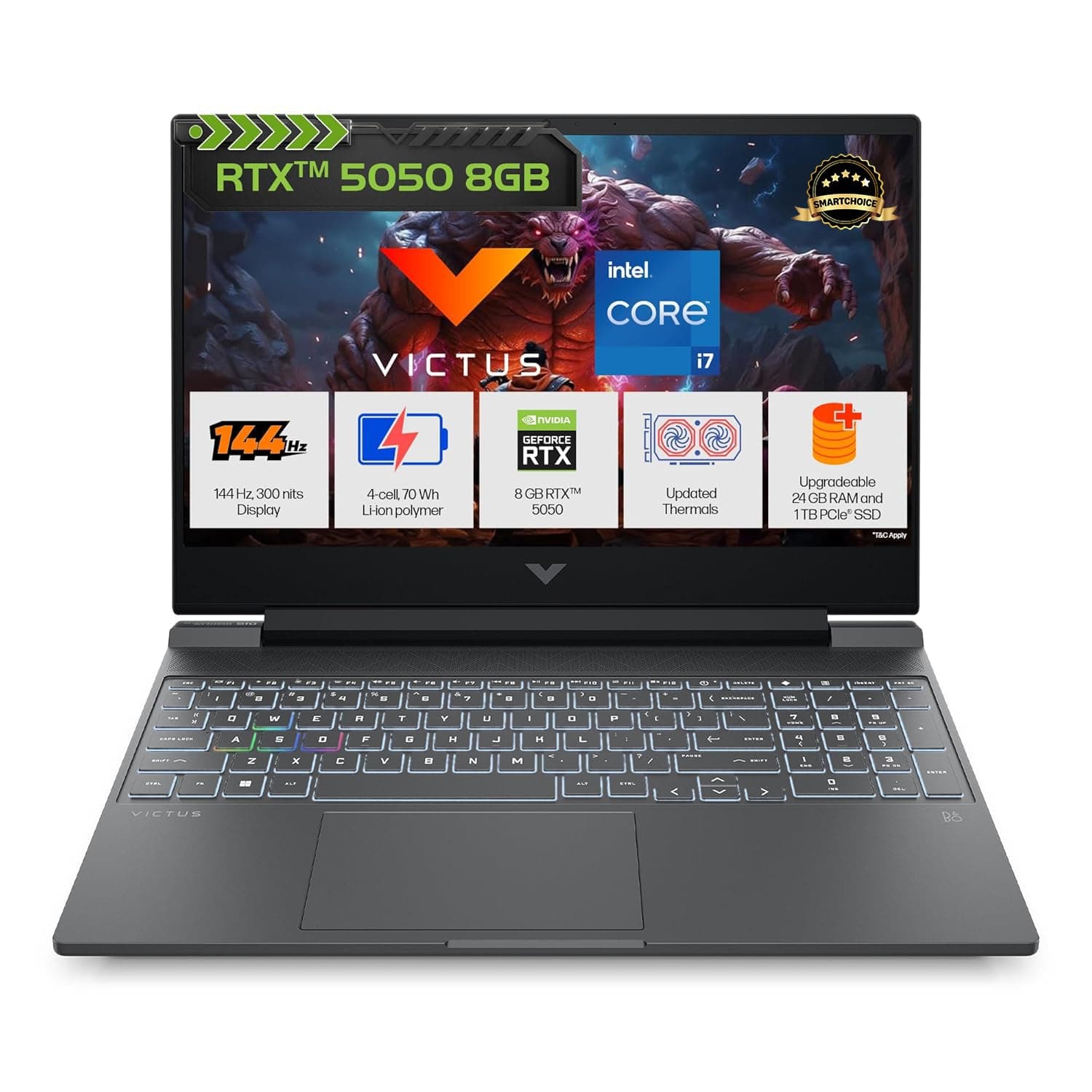 HP Smartchoice Victus, 13th Gen Intel Core i7-13620H, 8GB RTX 5050, 24GB DDR5(Upgradeable) 1TB SSD, 144Hz, 15.6''/39.6cm, Win11, Office24, Mica Silver, 2.3kg, fa2309, Xbox Gamepass*, RGB Gaming Laptop