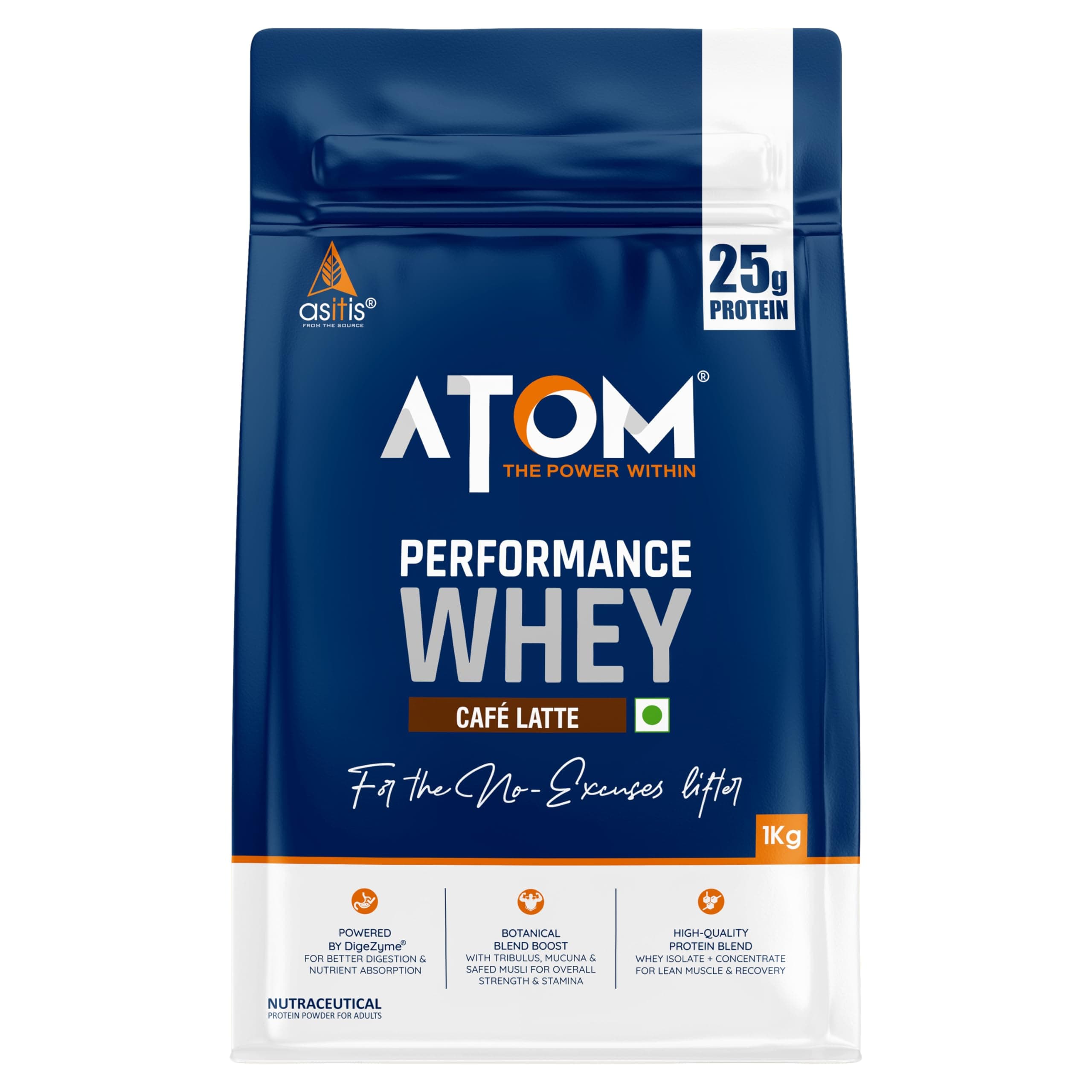 Asitis Nutrition ATOM Performance Whey 1Kg | With Safed Musli & Mucuna Pruriens | For Faster Recovery | Highly Bioavailable | Cafe latte flavor