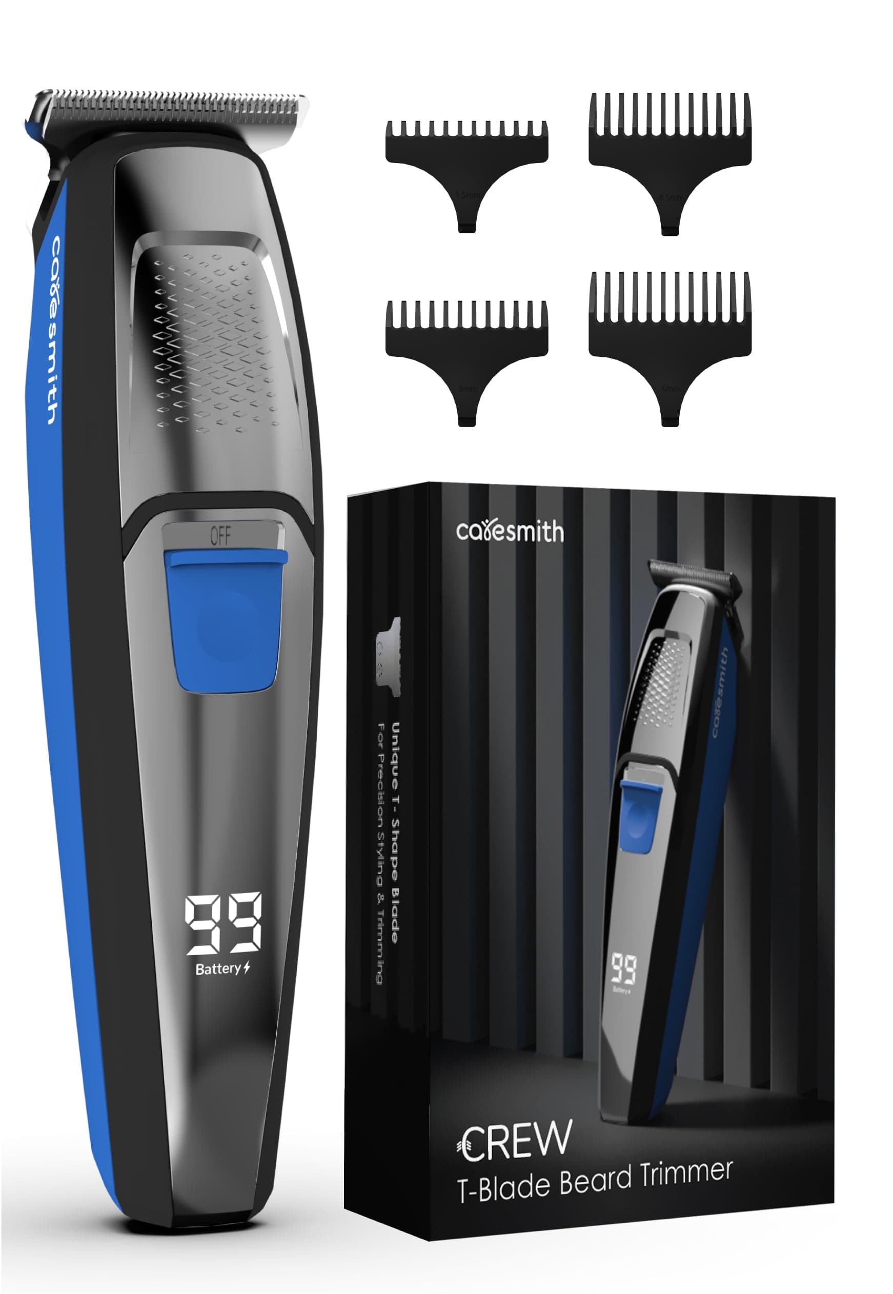 Caresmith Crew T-Blade Beard Trimmer for Men Rechargeable | Solid Steel Blade Beard Shaper | LED Battery Display | 2 Hrs Battery Life | 7000 RPM Motor Hair Trimmer Men | 4 Combs & Carry Pouch | Shaver for Men