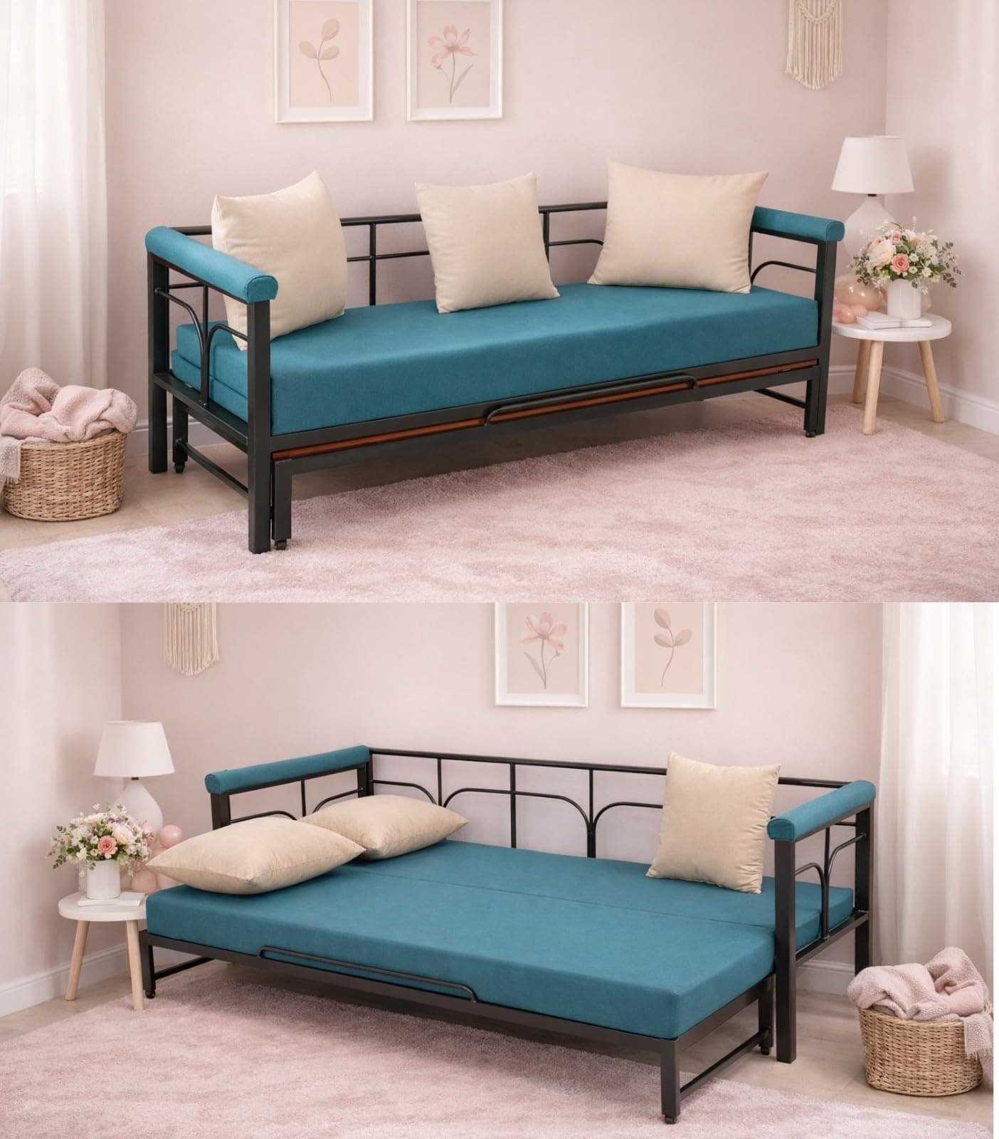 Spacecrafts Folding Diwan Sofa Cum Bed With 3 Pillow | Metal | Pu Foam | For Bed Room & Living Room|Comfort For All With 3-Person Sofa (Blue)